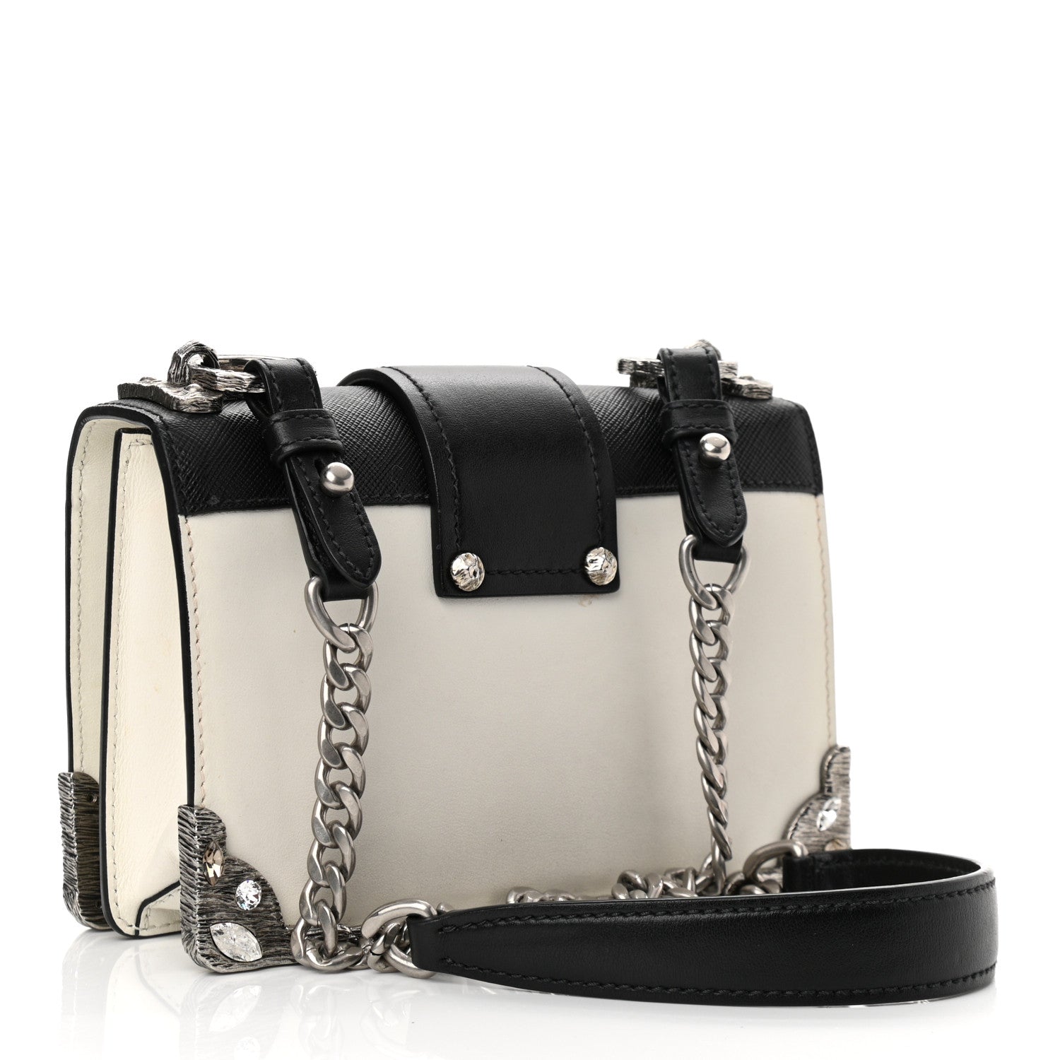Prada Crystal City Calf Saffiano Cahier Shoulder Bag Talco Black 2 of 8