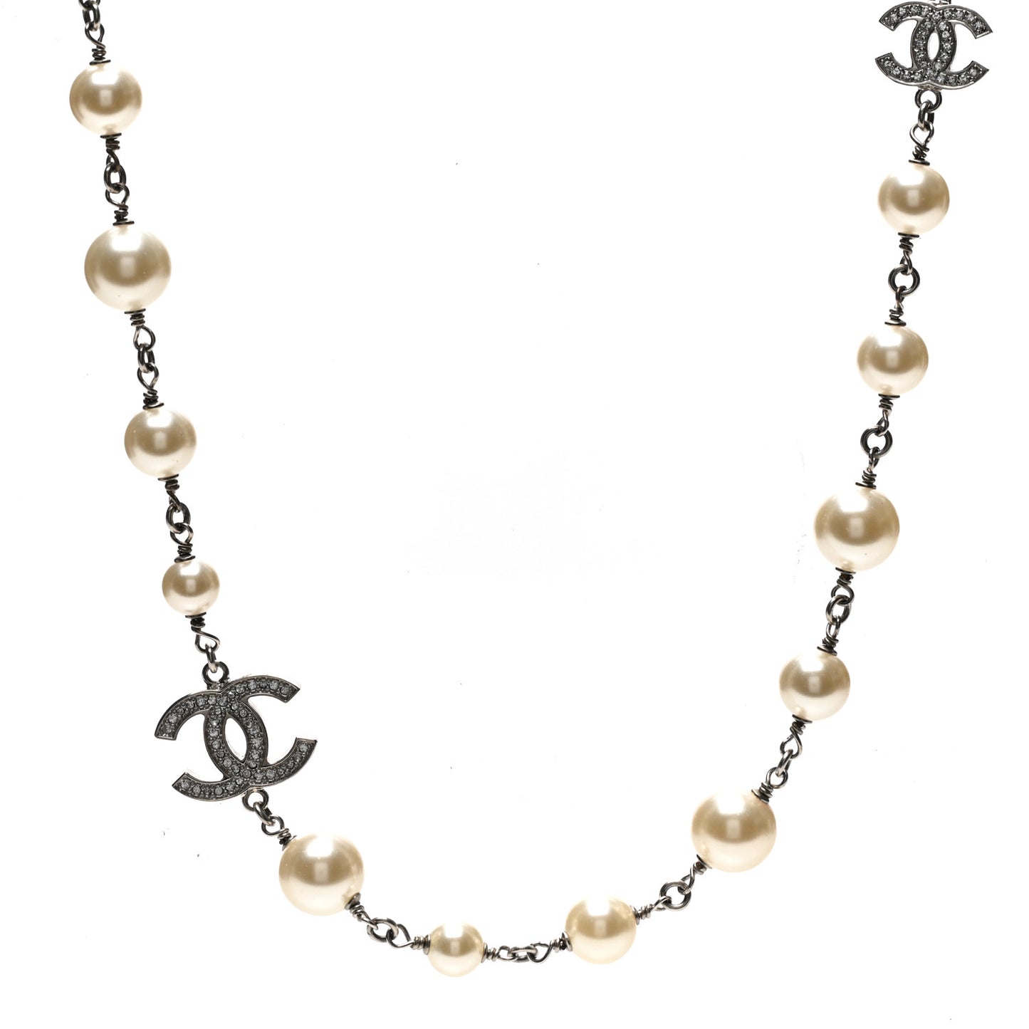 Graduated Pearl Crystal CC Long Necklace Silver