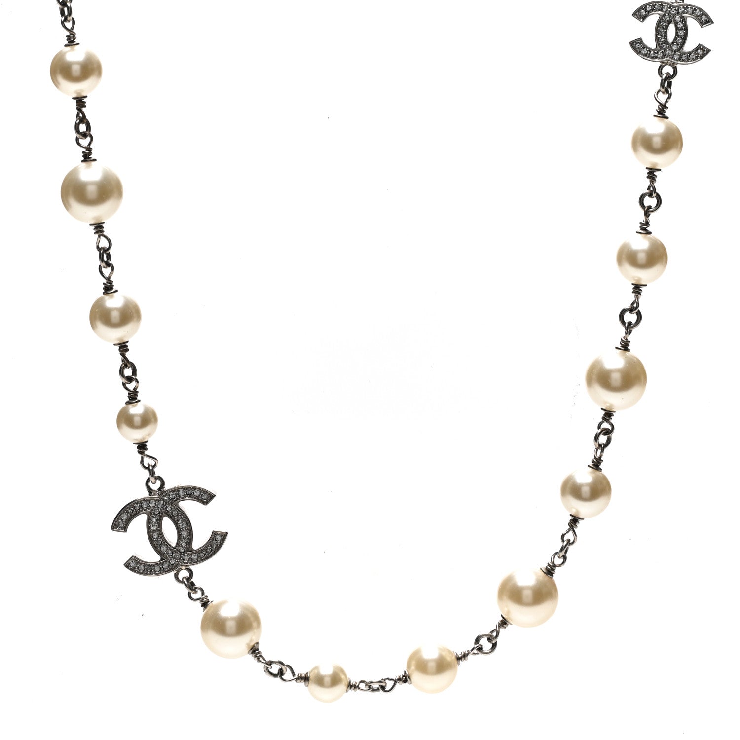Chanel Graduated Pearl Crystal CC Long Necklace Silver 1 of 6