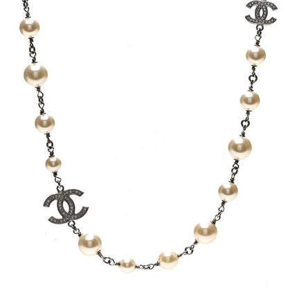 Chanel Graduated Pearl Crystal CC Long Necklace Silver 1 of 6