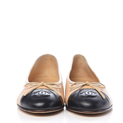 Chanel Lambskin Cap Toe CC Ballerina Flats 38 Beige Black 2 of 16