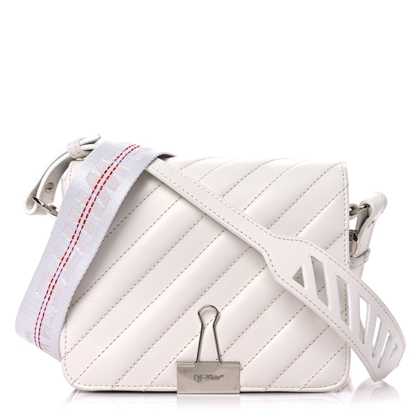 Calfskin Striped Diag Binder Flap Bag White