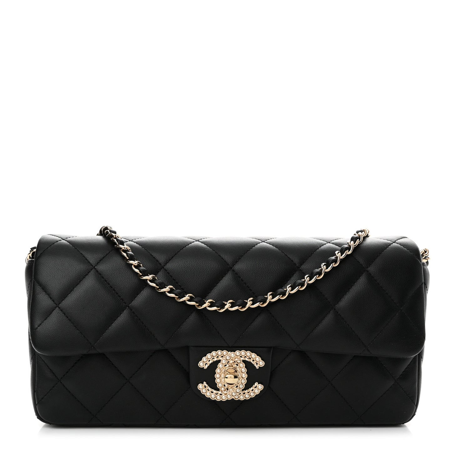 Lambskin Quilted Pearl CC Flap Clutch Black
