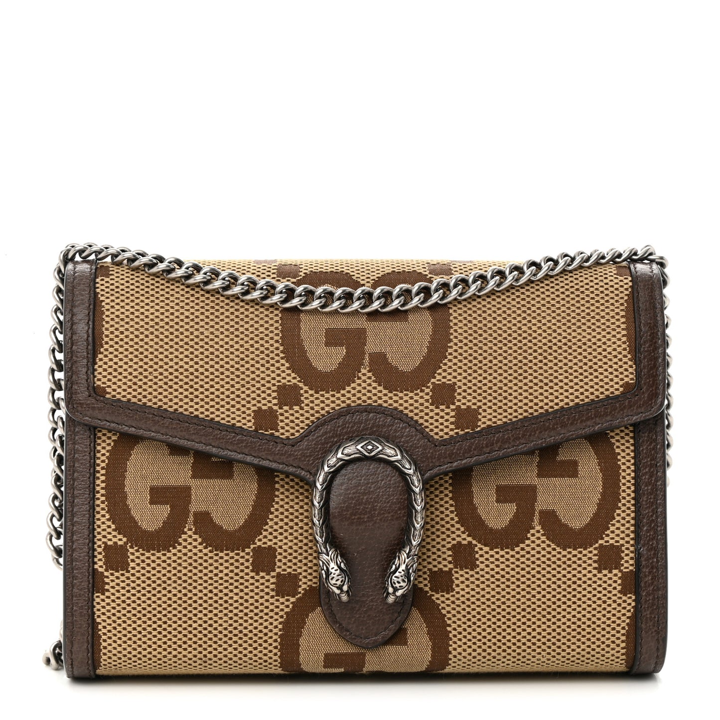 Monogram Jumbo GG Textured Dollar Calfskin Mini Dionysus Chain Wallet Camel Ebony New Acero