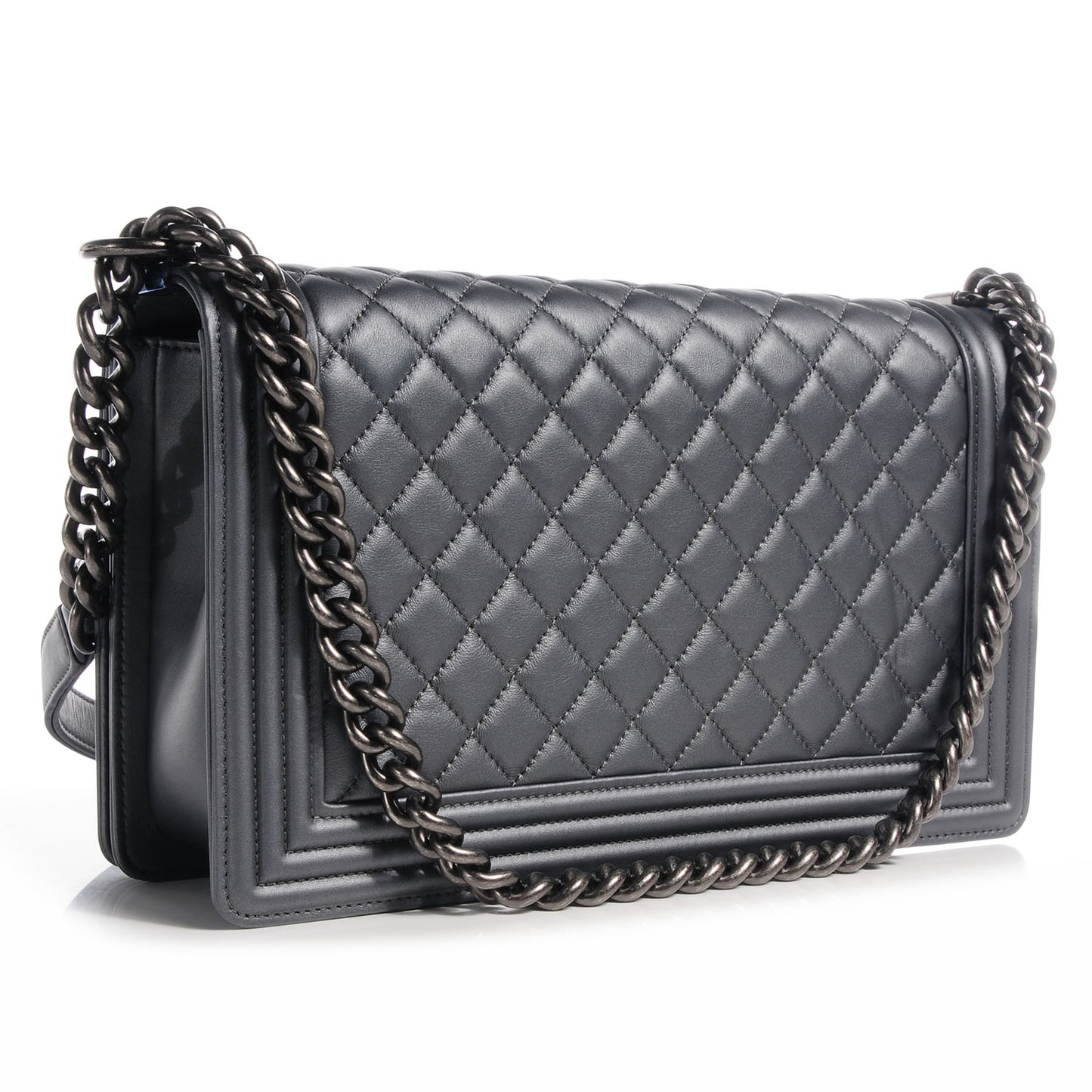 Metallic Calfskin Quilted Medium Boy Flap Dark Silver