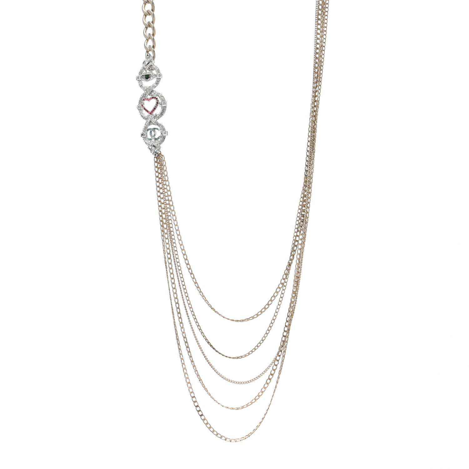 Chanel Crystal Eye Heart CC Multi Strand Chain Necklace Gold Green Pink Blue 1 of 5