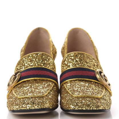 Gucci Glitter Nappa Web Peyton 75mm Loafer Pumps 37 Oro Vecchio 2 of 15