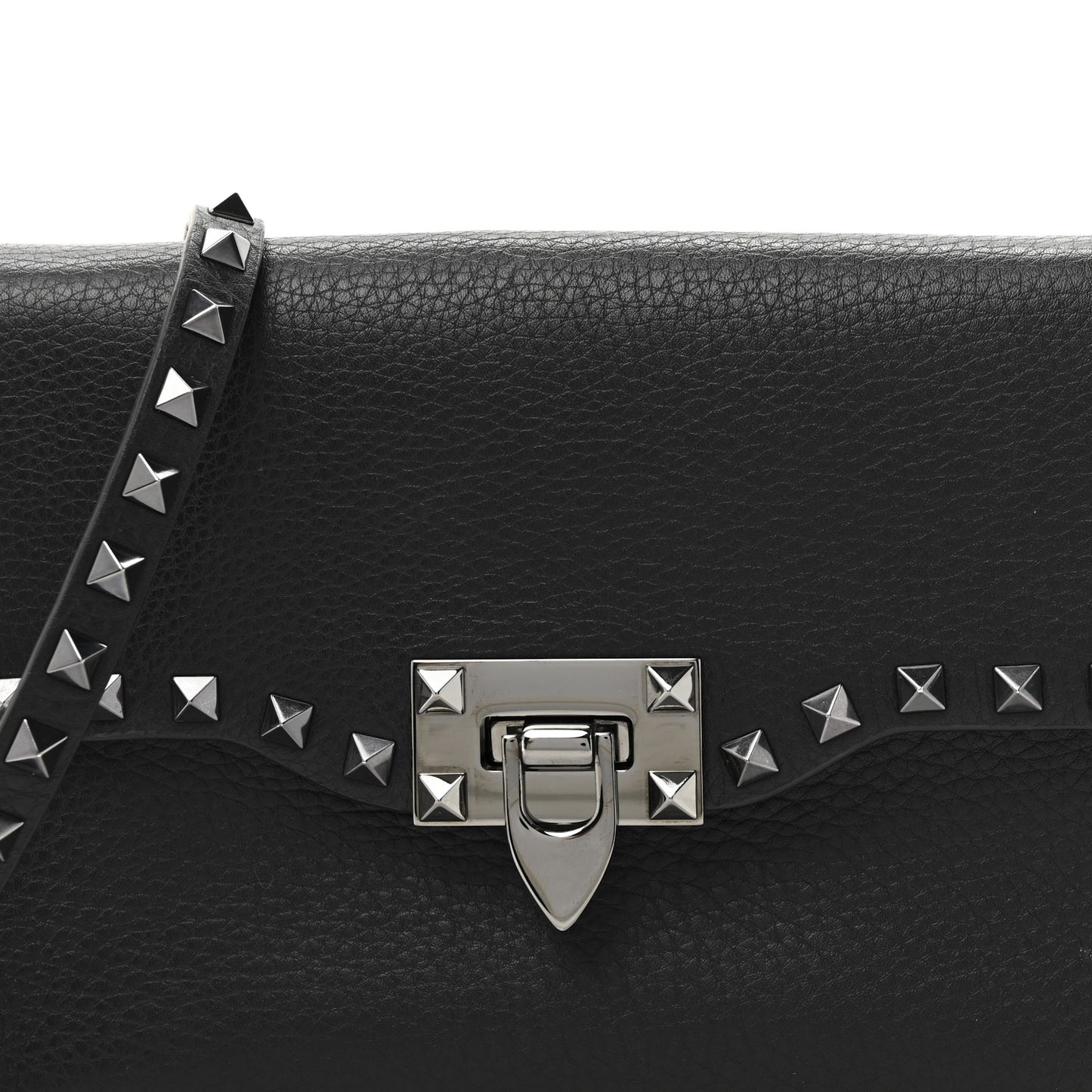 Pebbled Calfskin Monochrome Medium Rockstud Flip Lock Crossbody Bag Black
