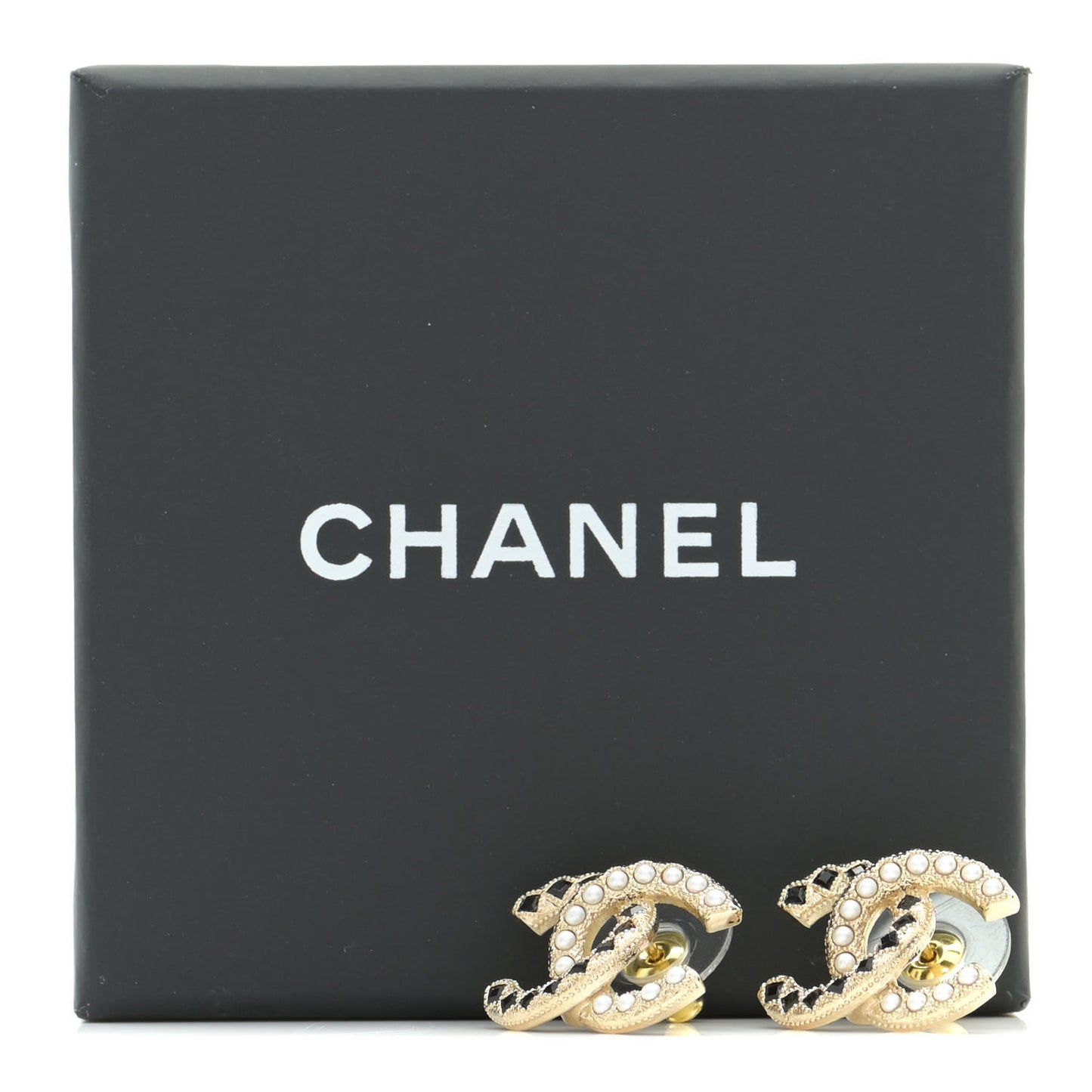 Resin Pearl CC Earrings Gold Black
