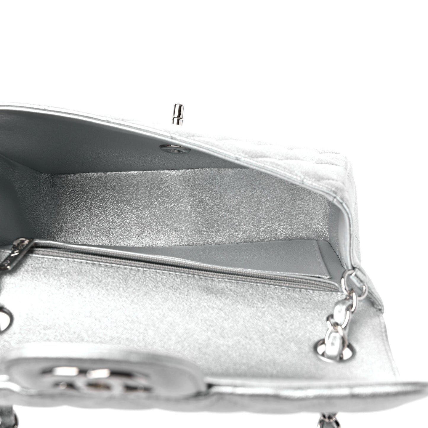 Metallic Lambskin Quilted Mini Rectangular Flap Silver