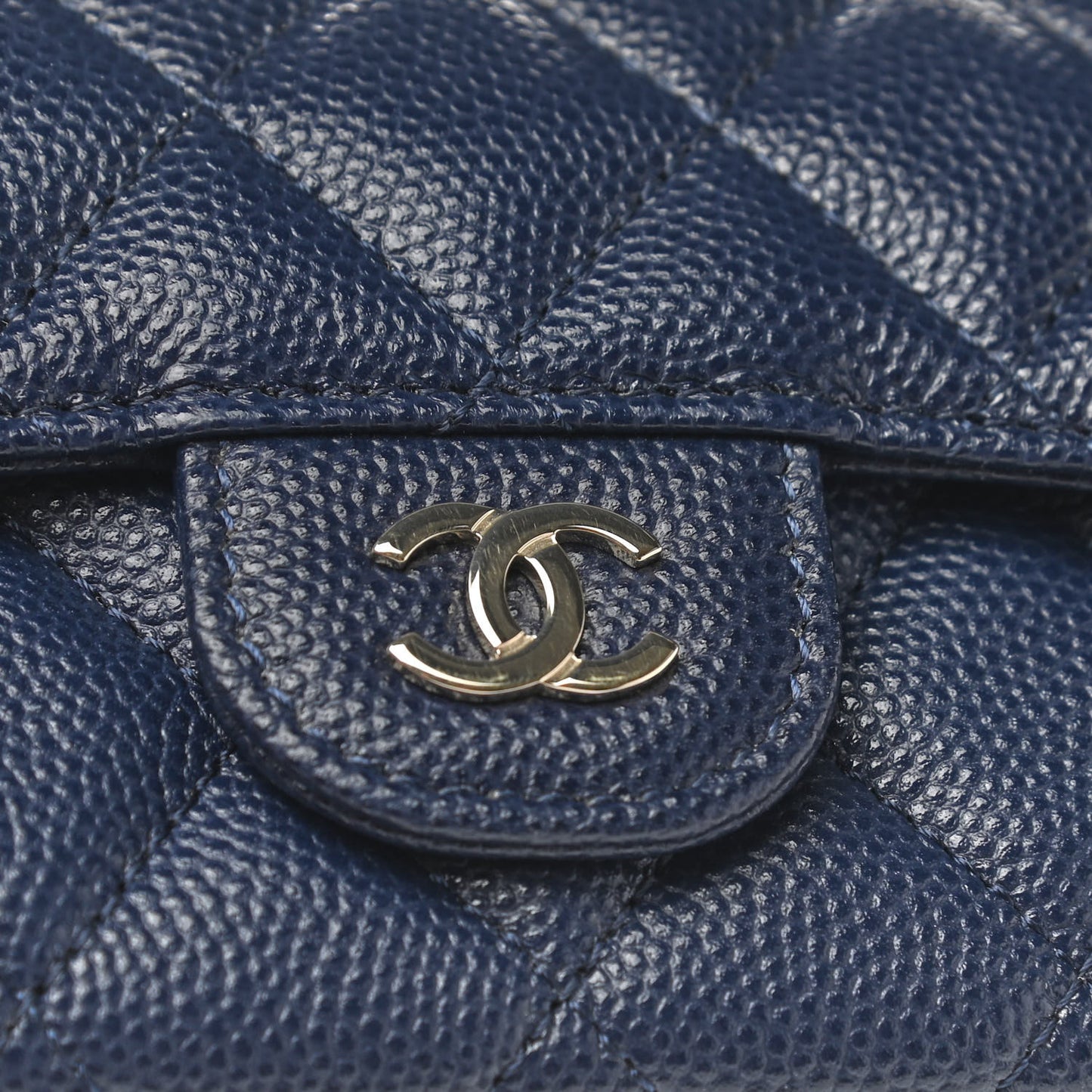 Caviar Quilted Flap Card Holder Wallet Navy