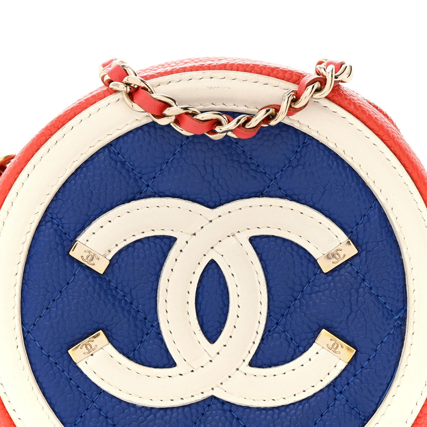 Caviar Quilted Round Filigree Crossbody Blue White Red