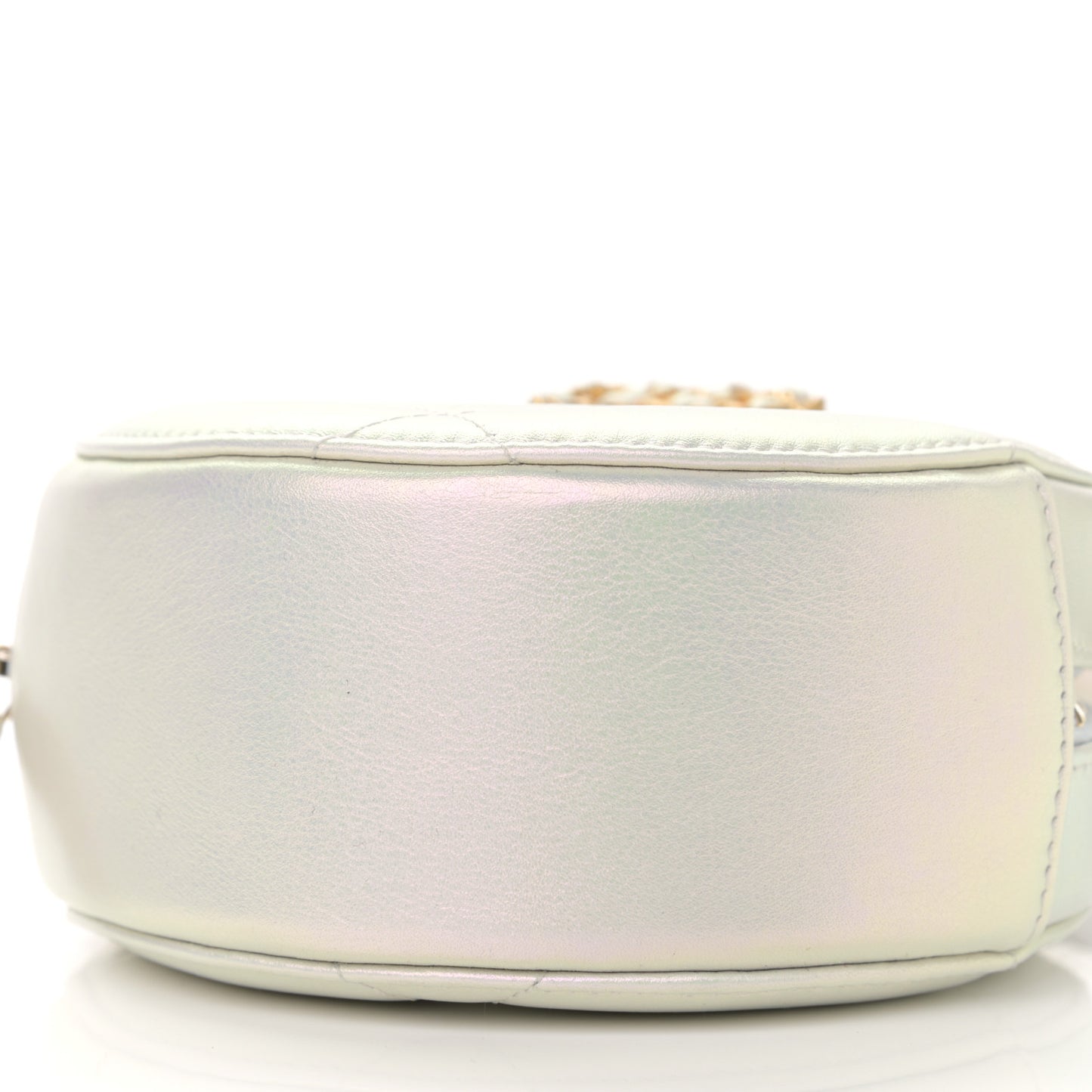Iridescent Calfskin Quilted Chanel 19 Round Clutch With Chain White