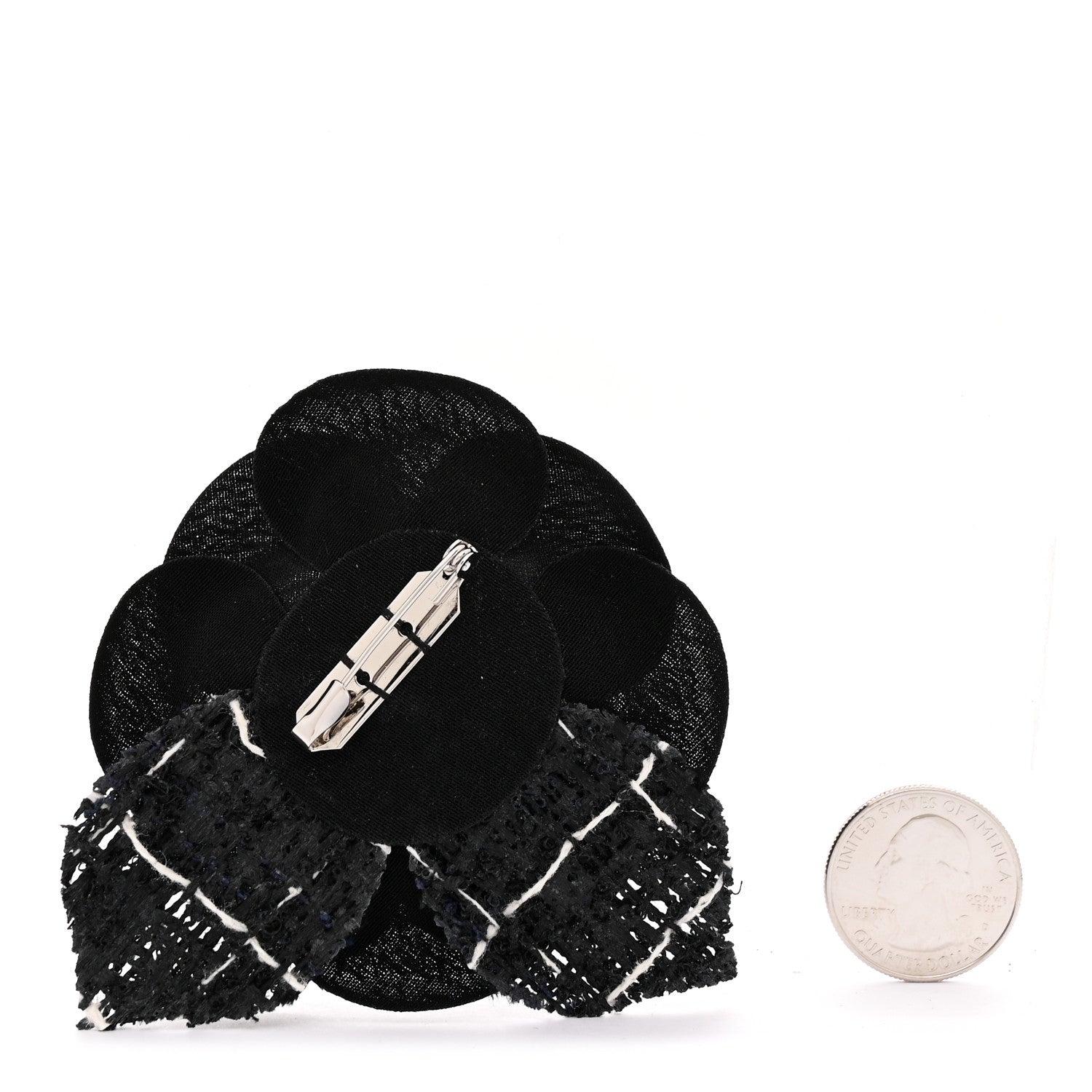 Chanel Tweed Fabric Camellia Pin Brooch Black 2 of 3