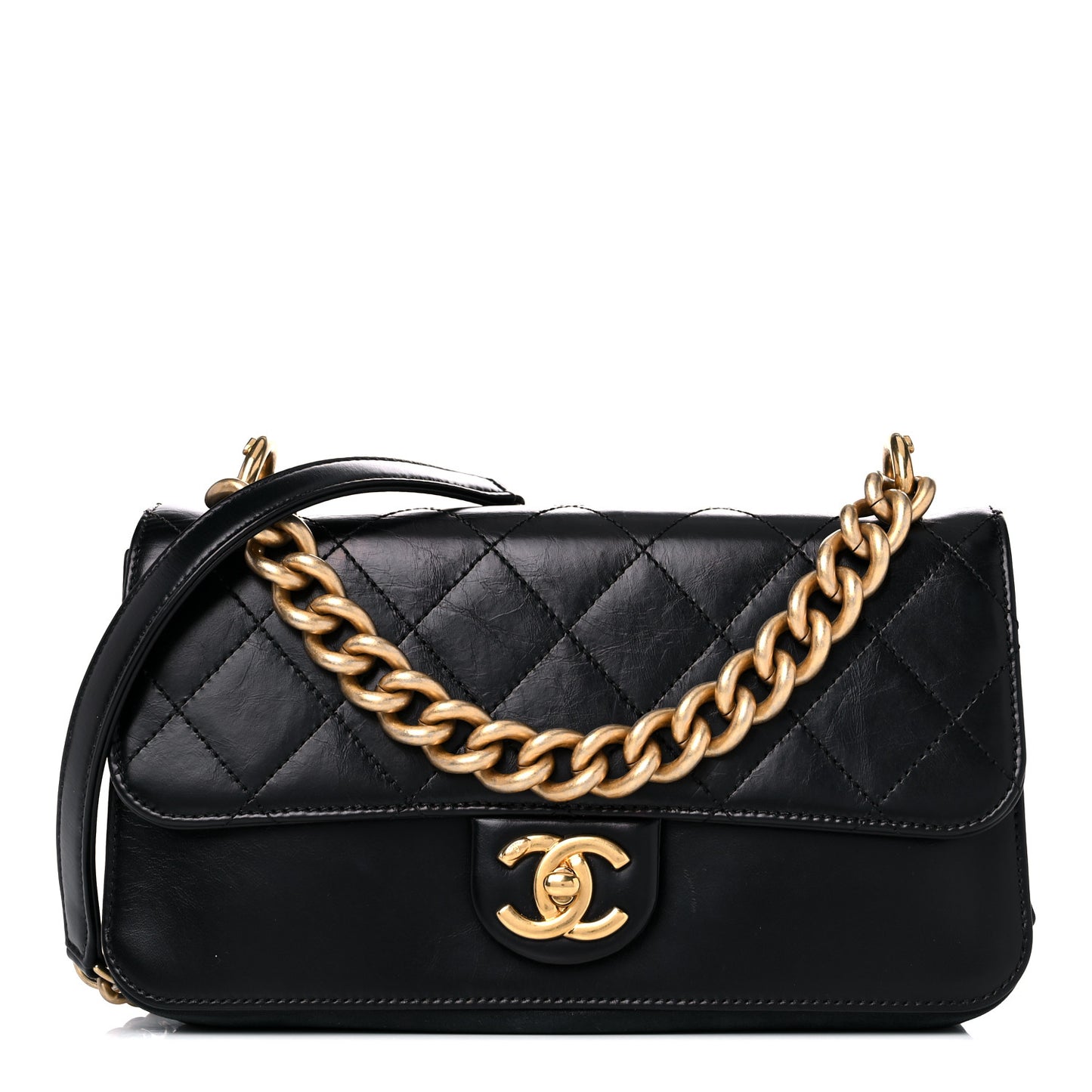 Iridescent Calfskin Quilted Small Straight Lined Flap Black