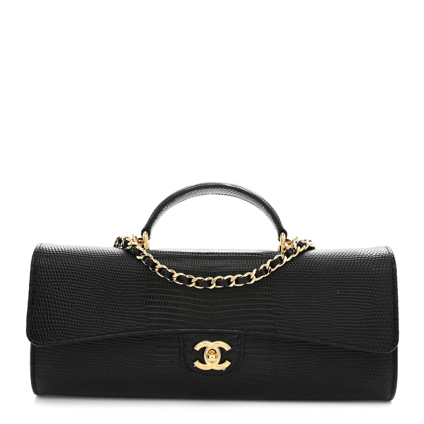 Calfskin Lizard Embossed Top Handle Long Clutch With Chain Black