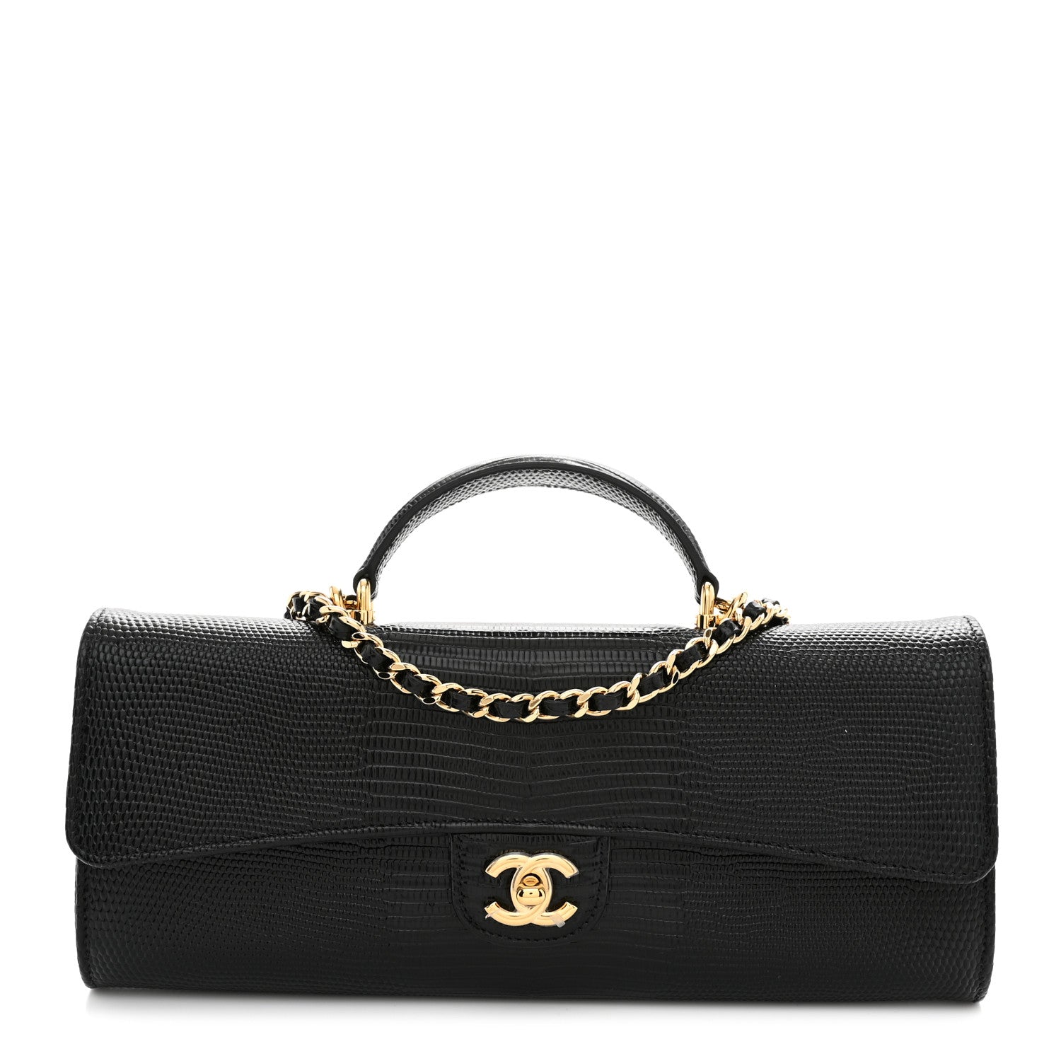 Chanel Calfskin Lizard Embossed Top Handle Long Clutch With Chain Black 1 of 11