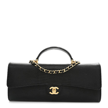 Chanel Calfskin Lizard Embossed Top Handle Long Clutch With Chain Black 1 of 11