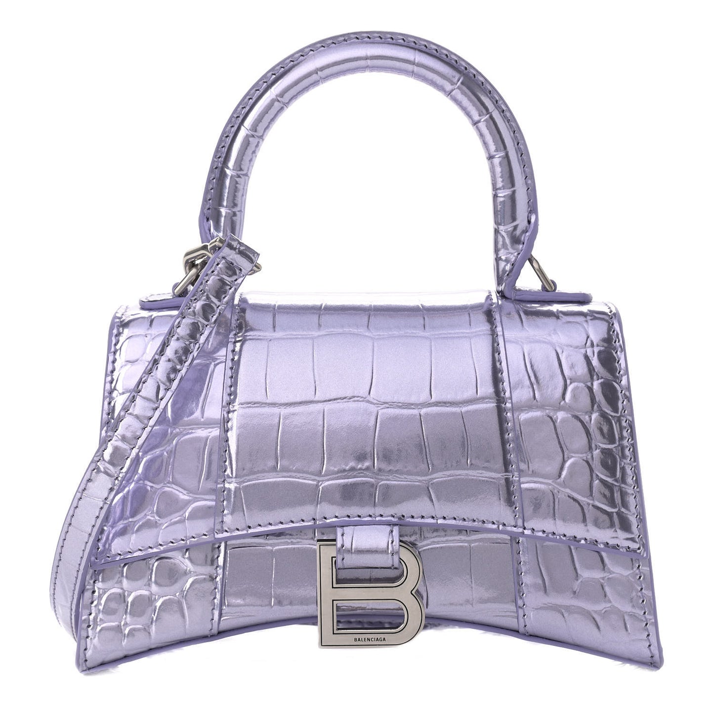 Metallic Calfskin Crocodile Embossed Hourglass Top Handle Bag XS Lilac