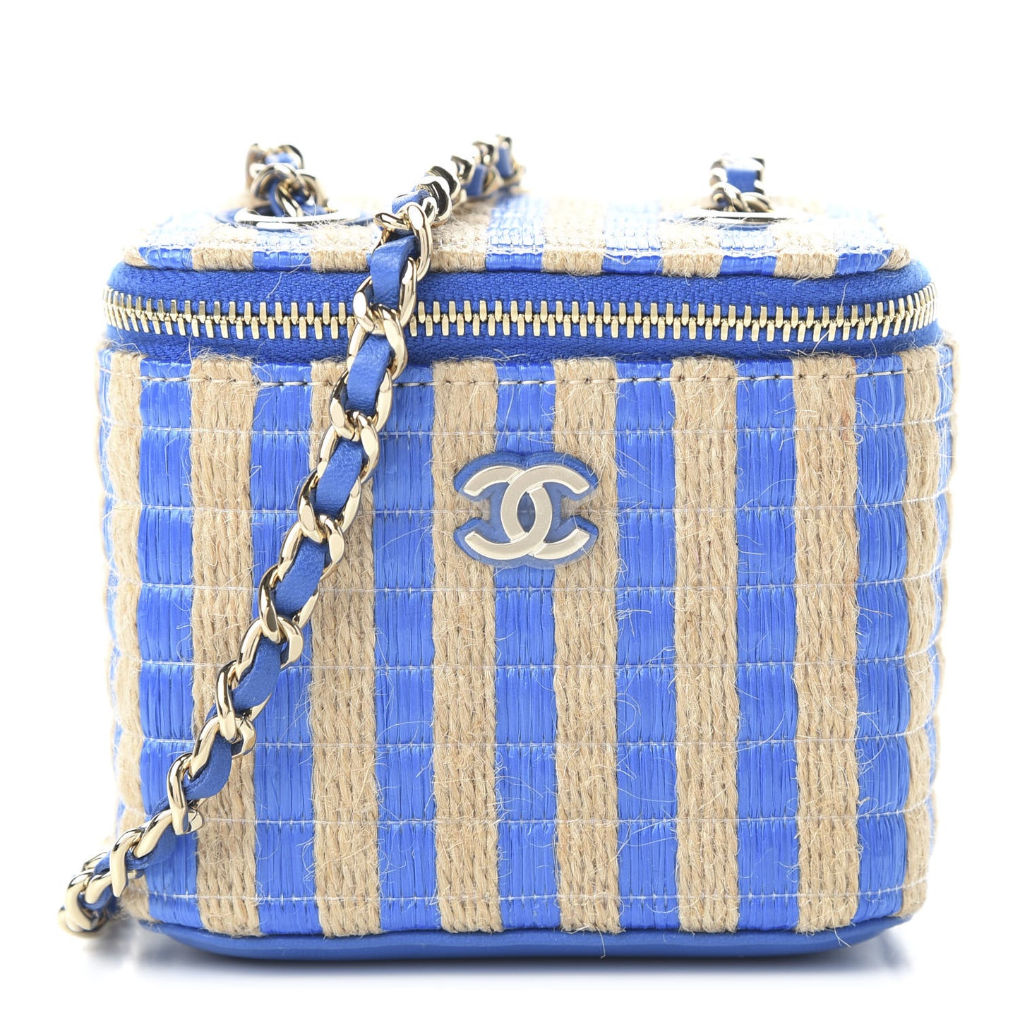 Raffia Jute Striped Mini Vanity Case With Chain Blue Beige