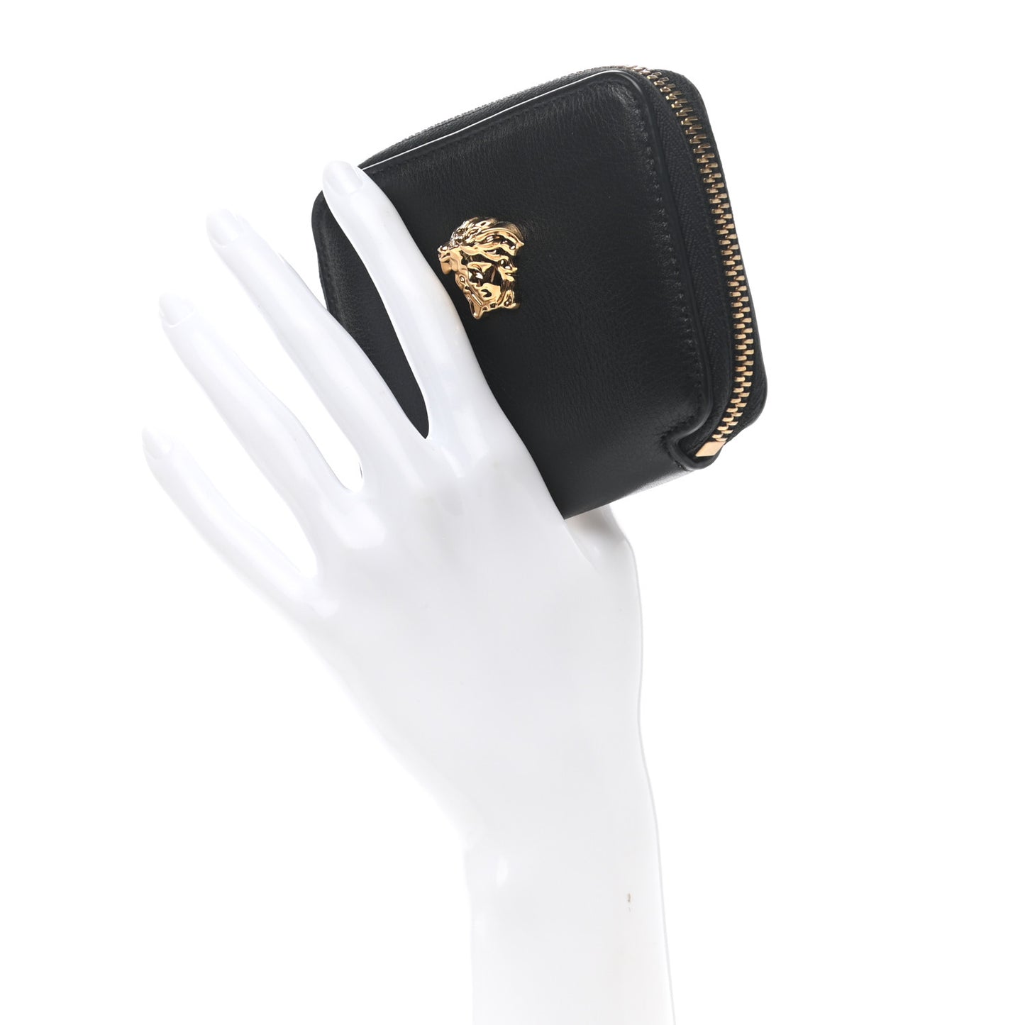 Calfskin Medusa Compact Zip Around Wallet Black