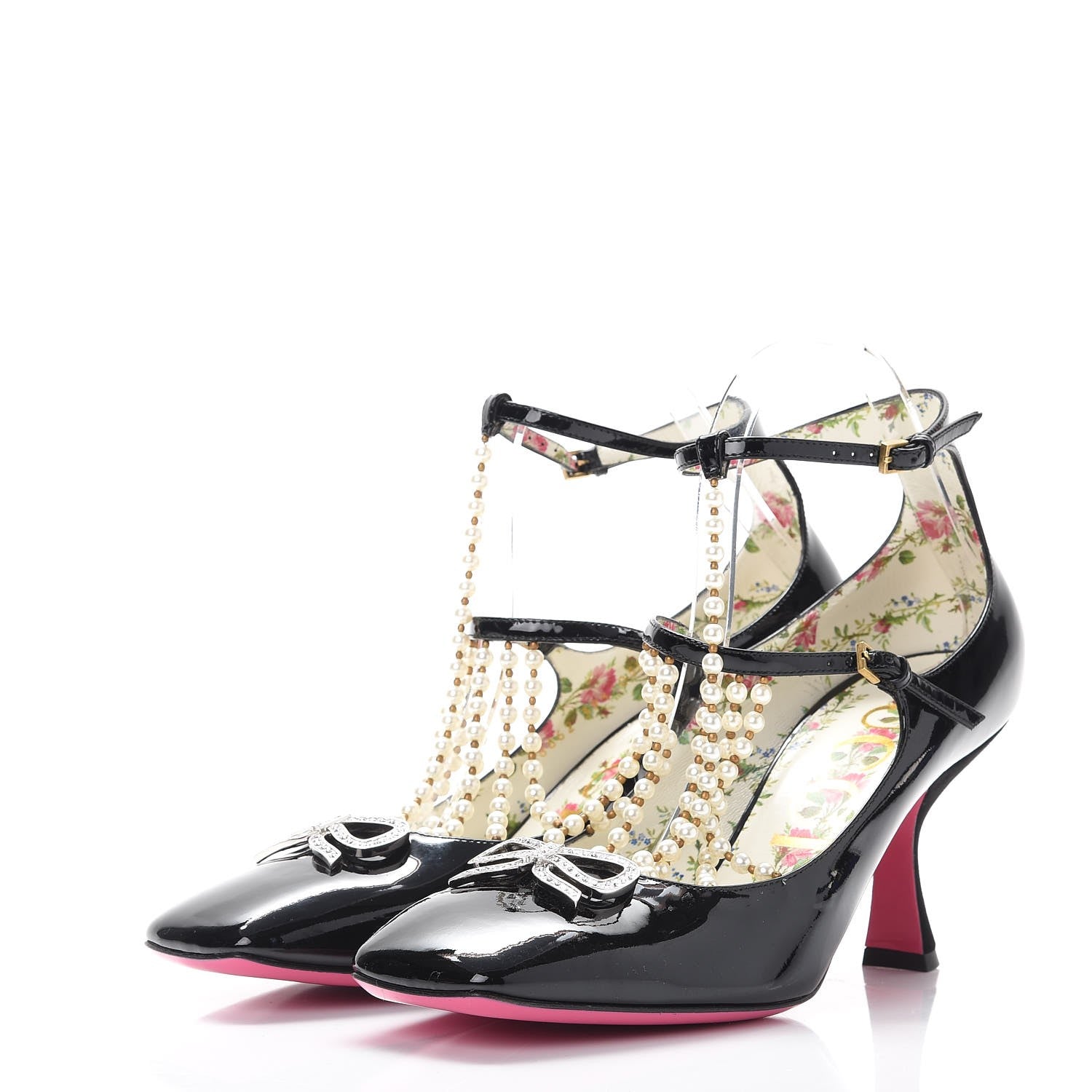 Gucci Patent Pearl Taide T-Strap Mid Heel Pumps 39.5 Black 3 of 7