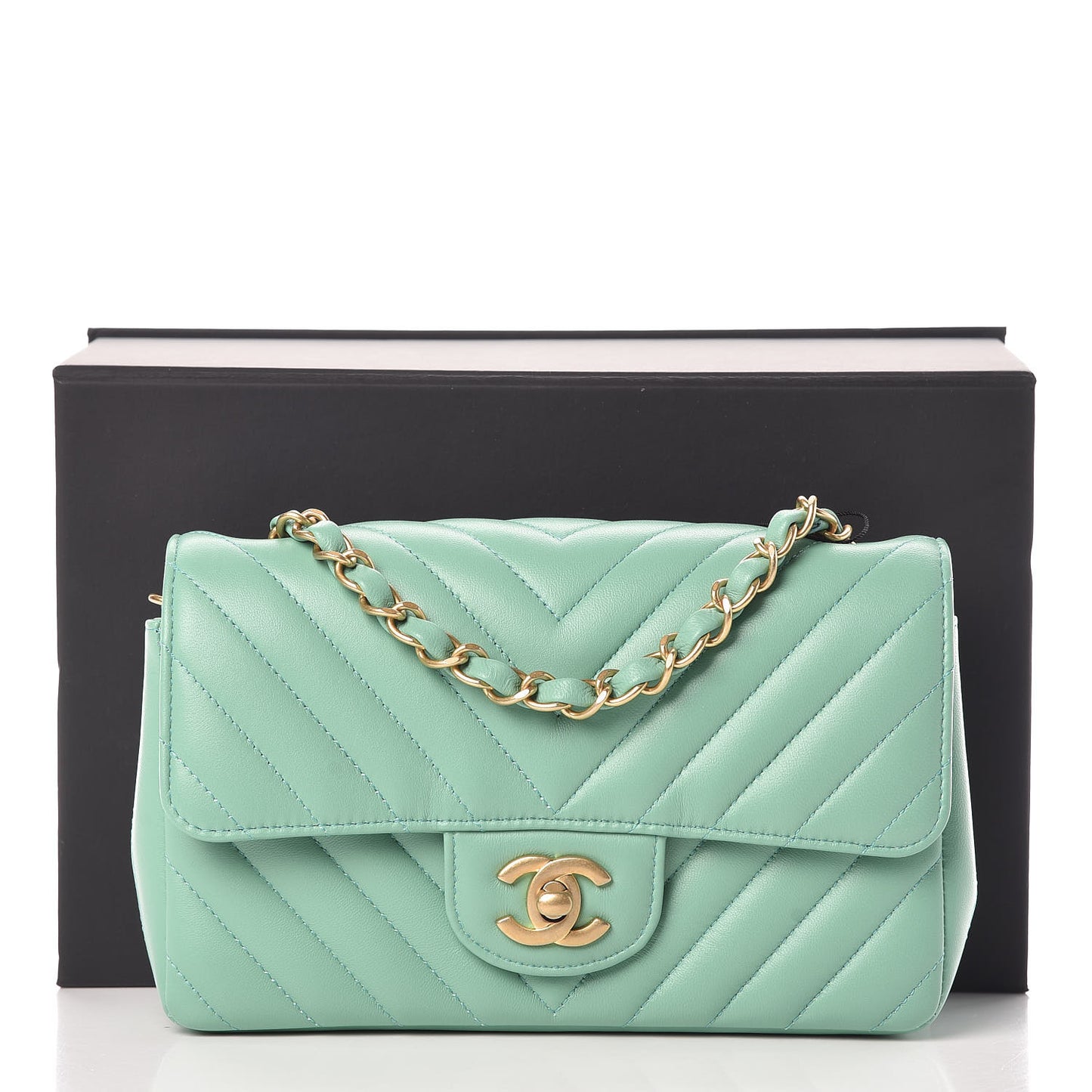 Lambskin Chevron Quilted Mini Rectangular Flap Light Green