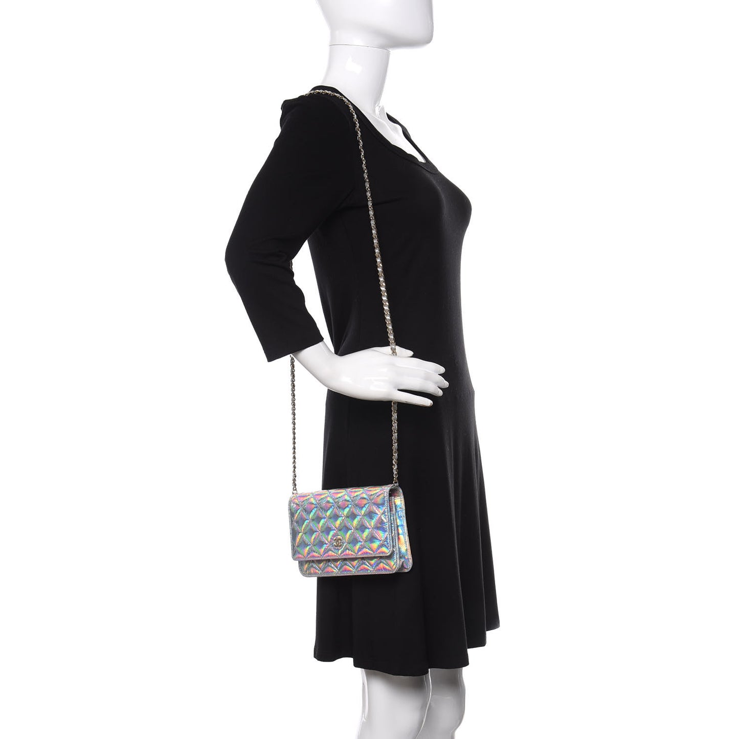 Iridescent Goatskin Quilted Wallet On Chain WOC Silver