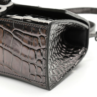 Balenciaga Shiny Calfskin Crocodile Embossed Hourglass Top Handle Bag XS Gunmetal 10 of 11