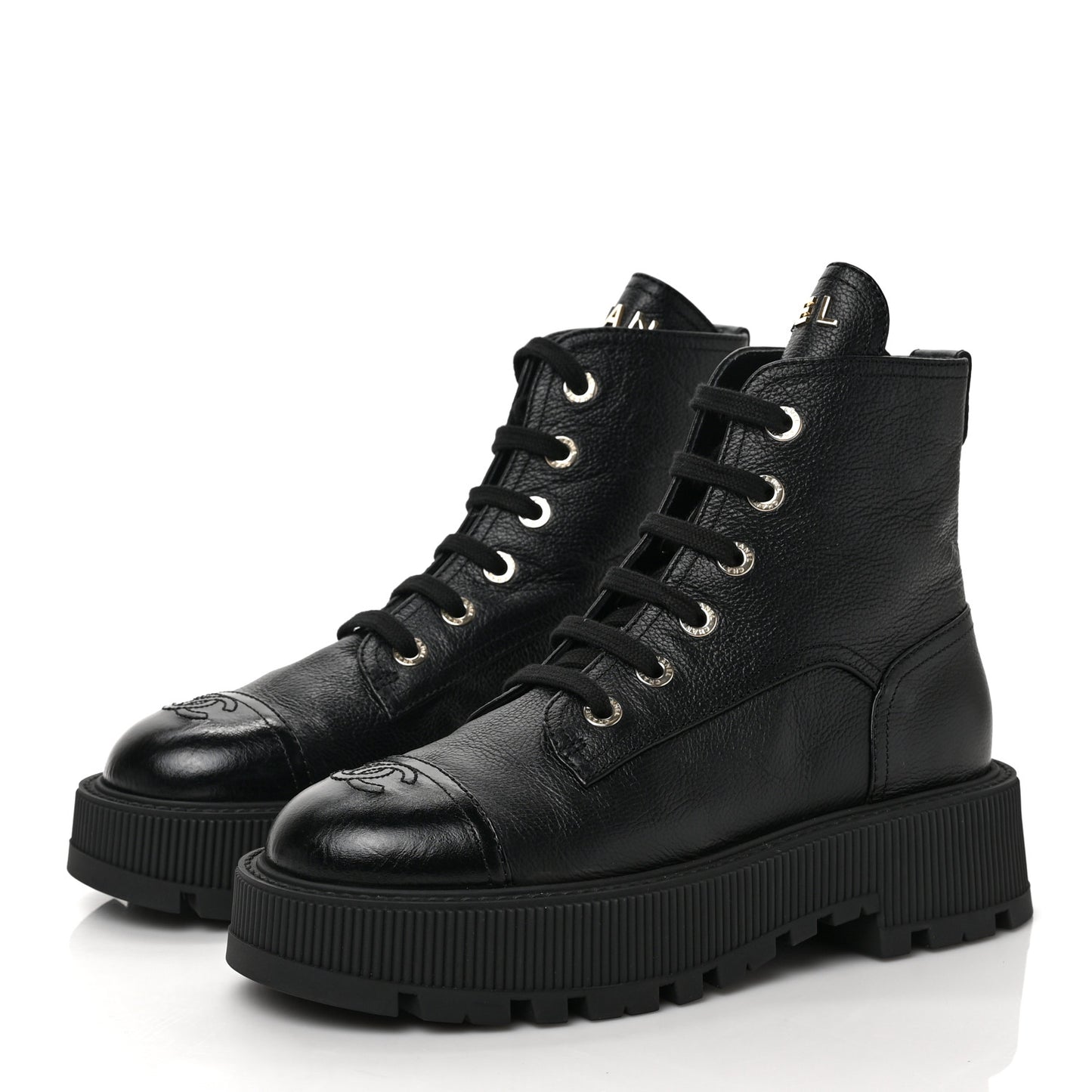 Calfskin CC Lace Up Combat Boots 38 Black