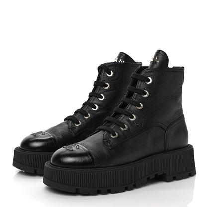 Chanel Calfskin CC Lace Up Combat Boots 38 Black 3 of 8