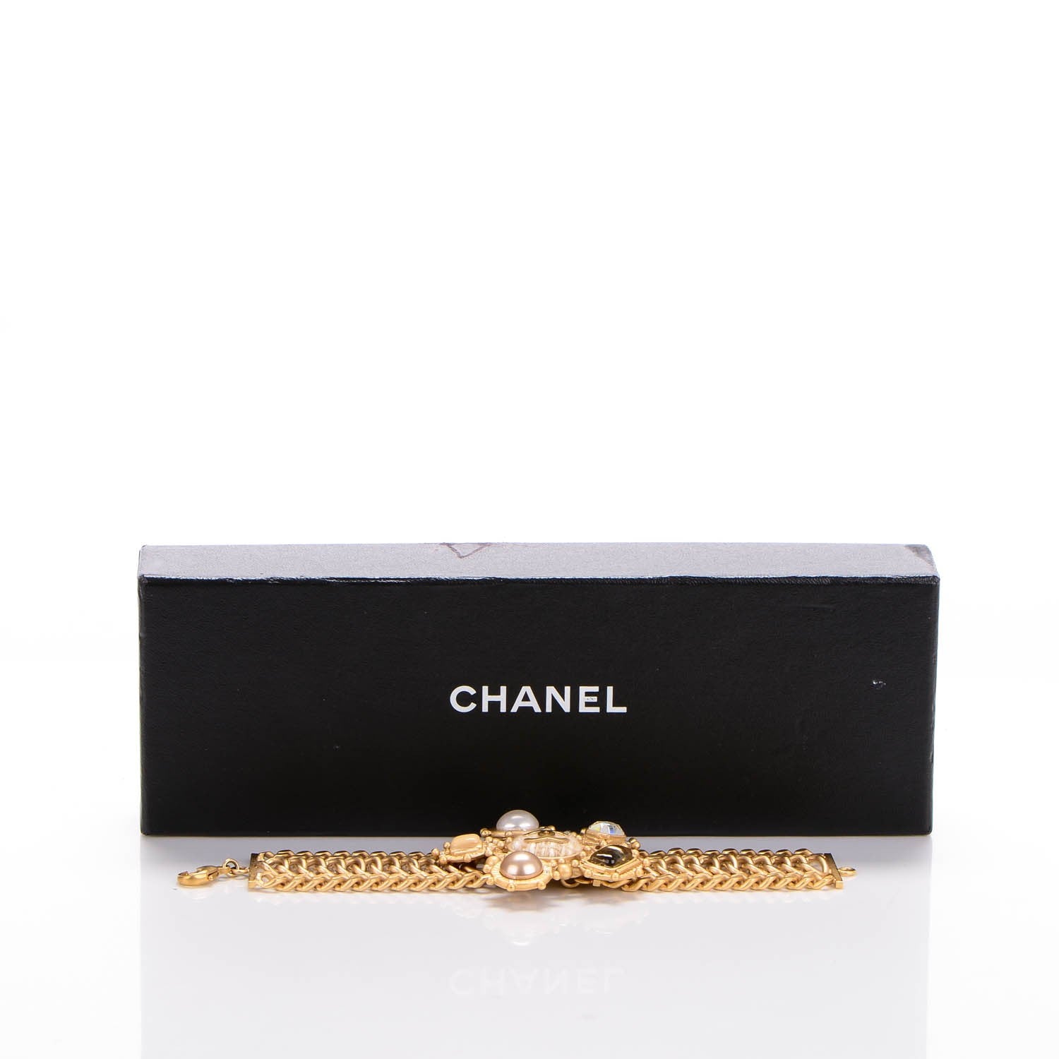 Chanel Pearl Crystal Gripoix Poured Glass CC Bracelet Gold 6 of 6