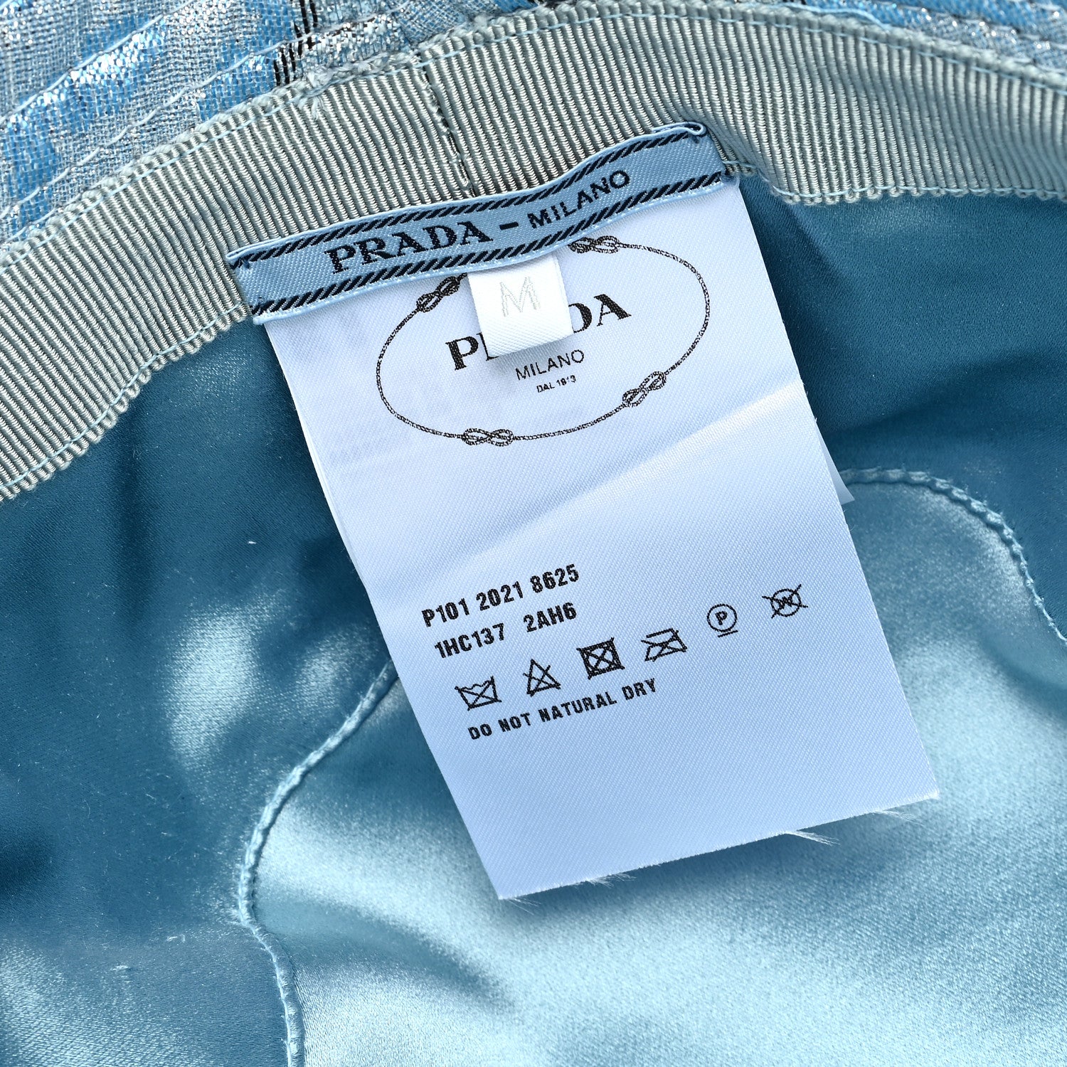 Prada Broccato Metal Triangle Logo Womens Bucket Hat M Blue 7 of 7