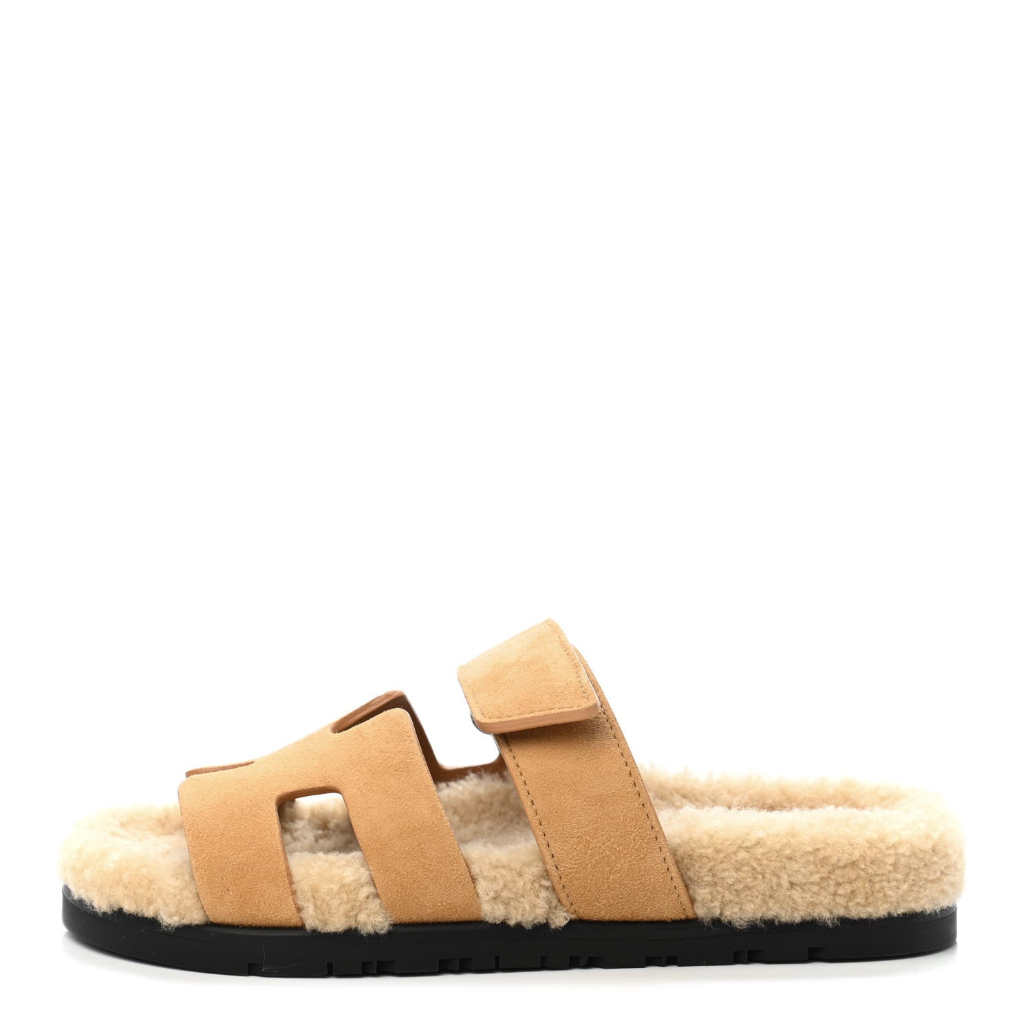 Hermes Suede Goatskin Woolskin Womens Chypre Sandals 35 Golden Beige 1 of 4