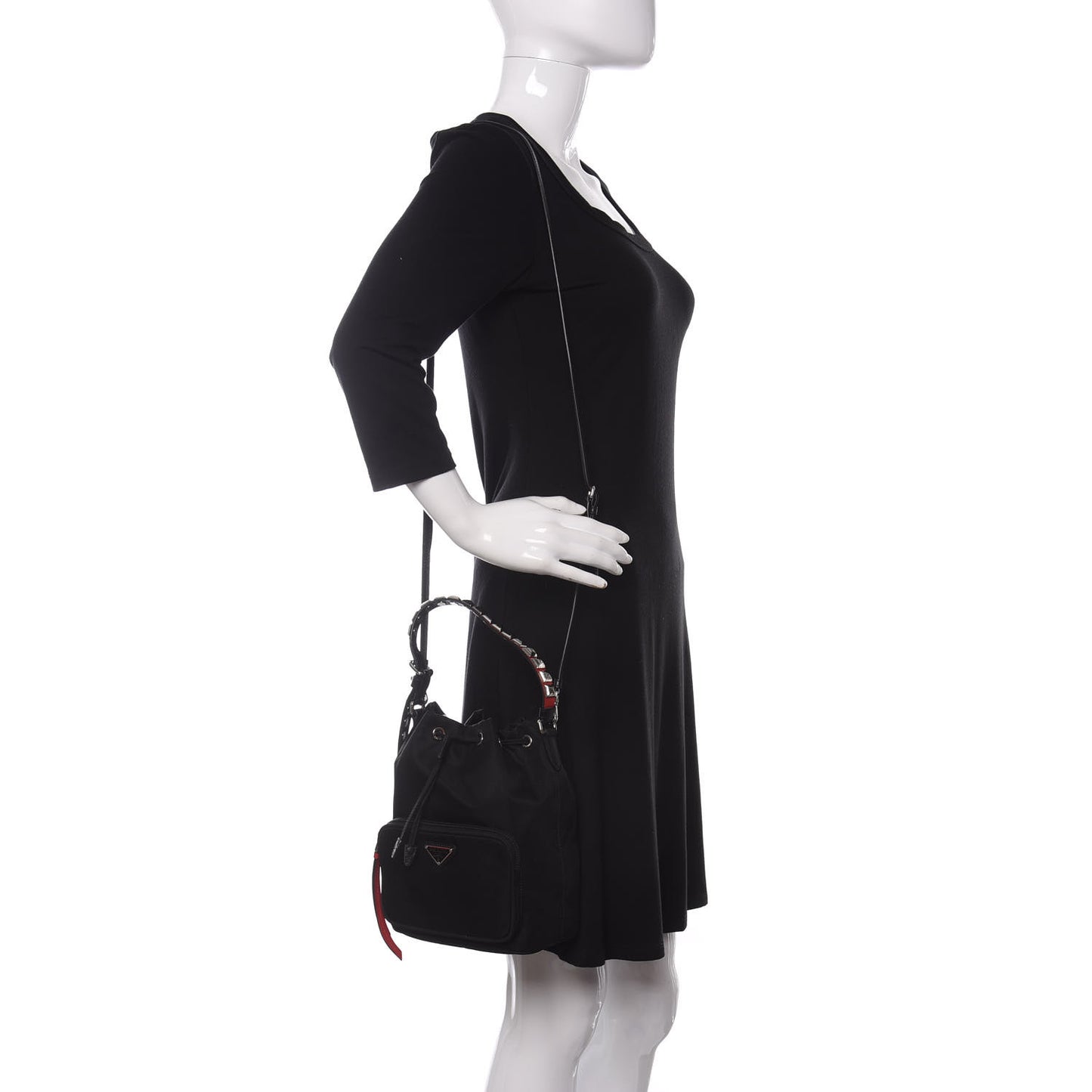 Tessuto Nylon Studded New Vela Mini Bucket Crossbody Bag Black Fuoco
