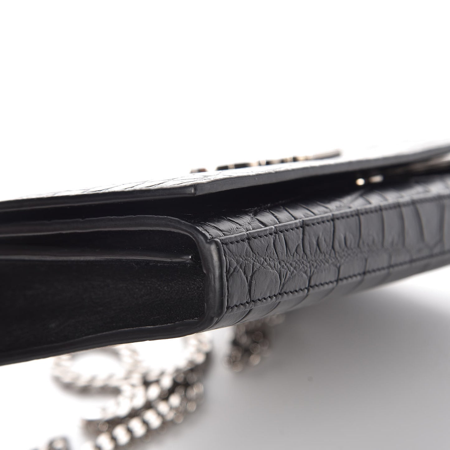 Calfskin Crocodile Embossed Monogram Chain Wallet Black