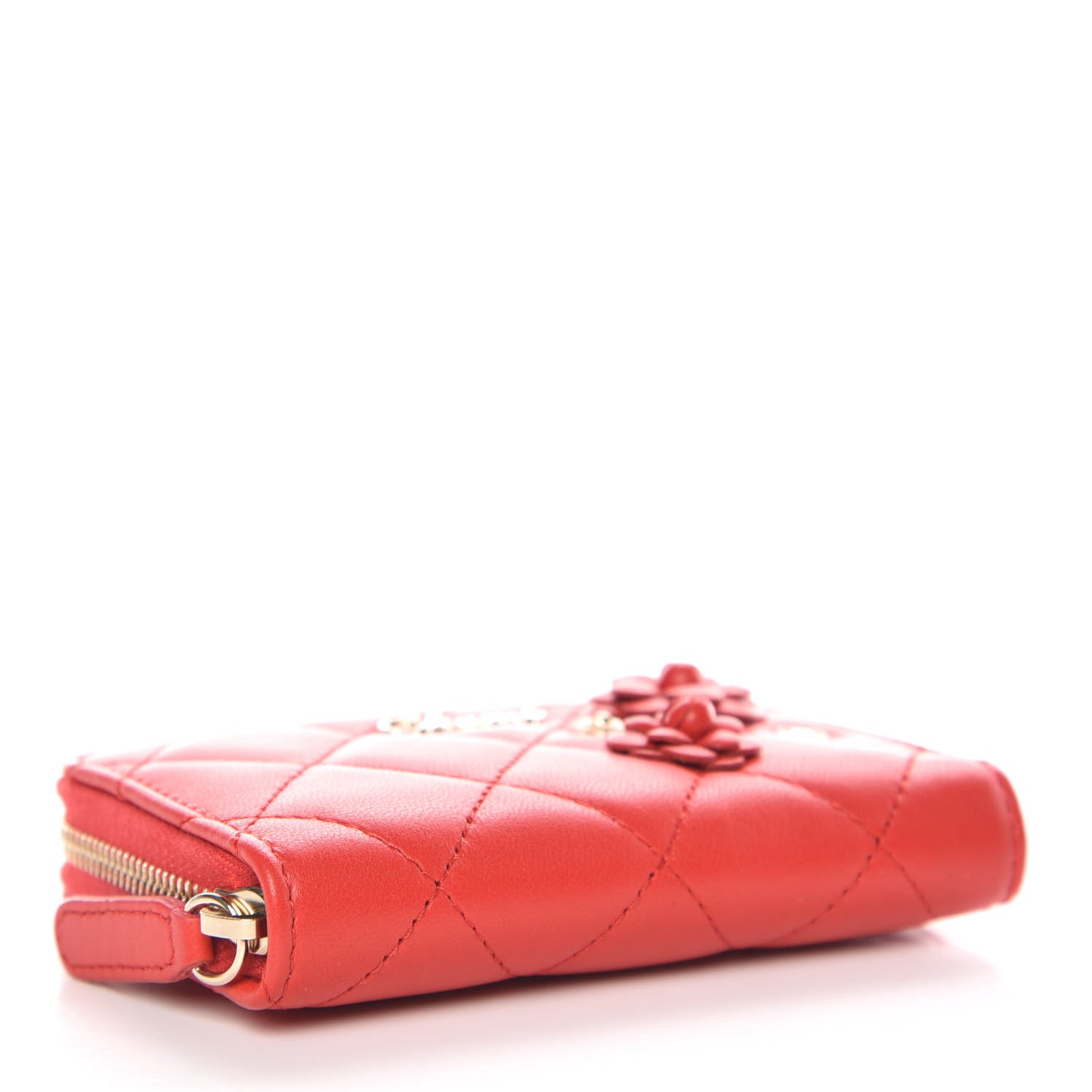 Lambskin Quilted Camellia Zip Coin Purse Red