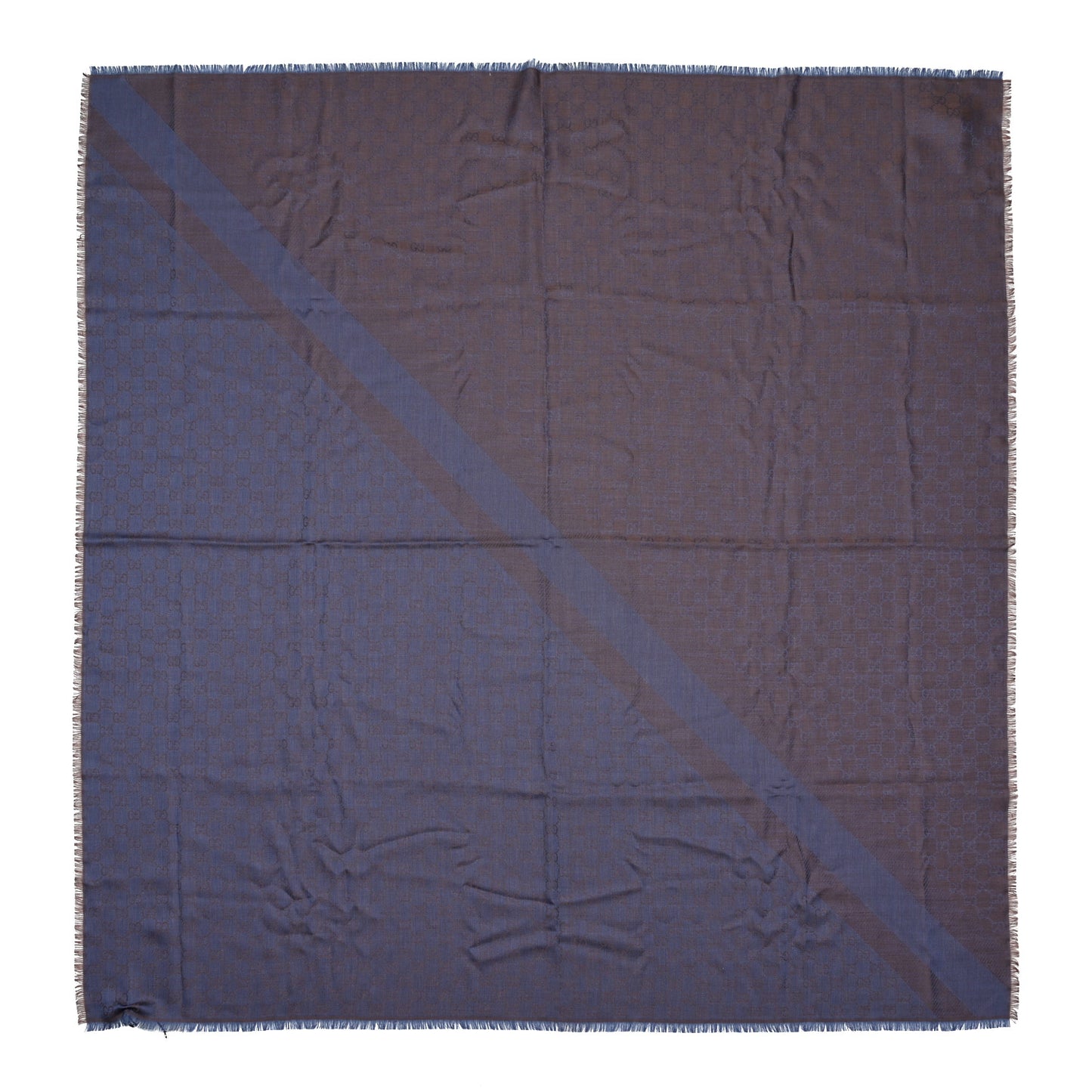Wool Silk Monogram GGWeb Fringe Shawl Taupe Sky Blue