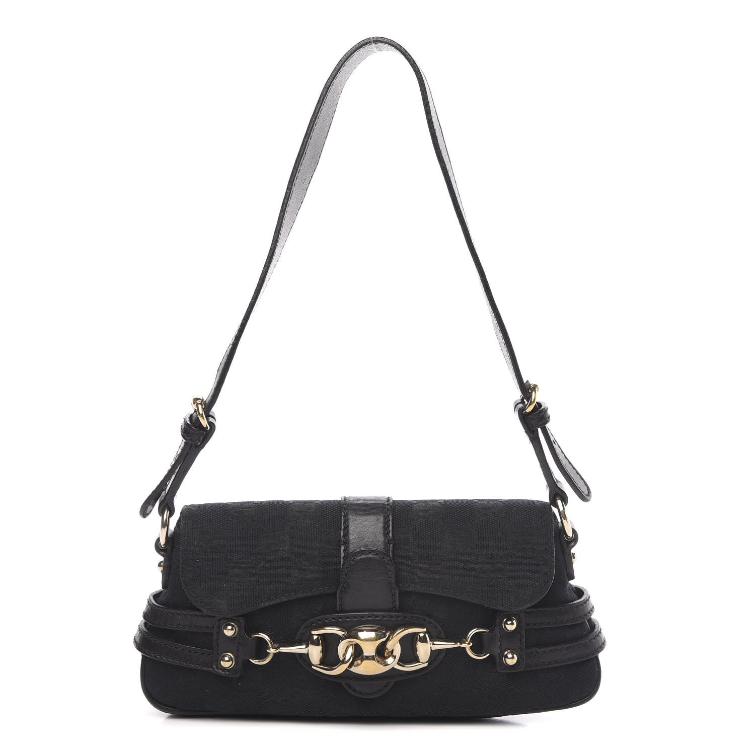 Gucci Monogram Horsebit Chain Flap Shoulder Bag Black 1 of 12
