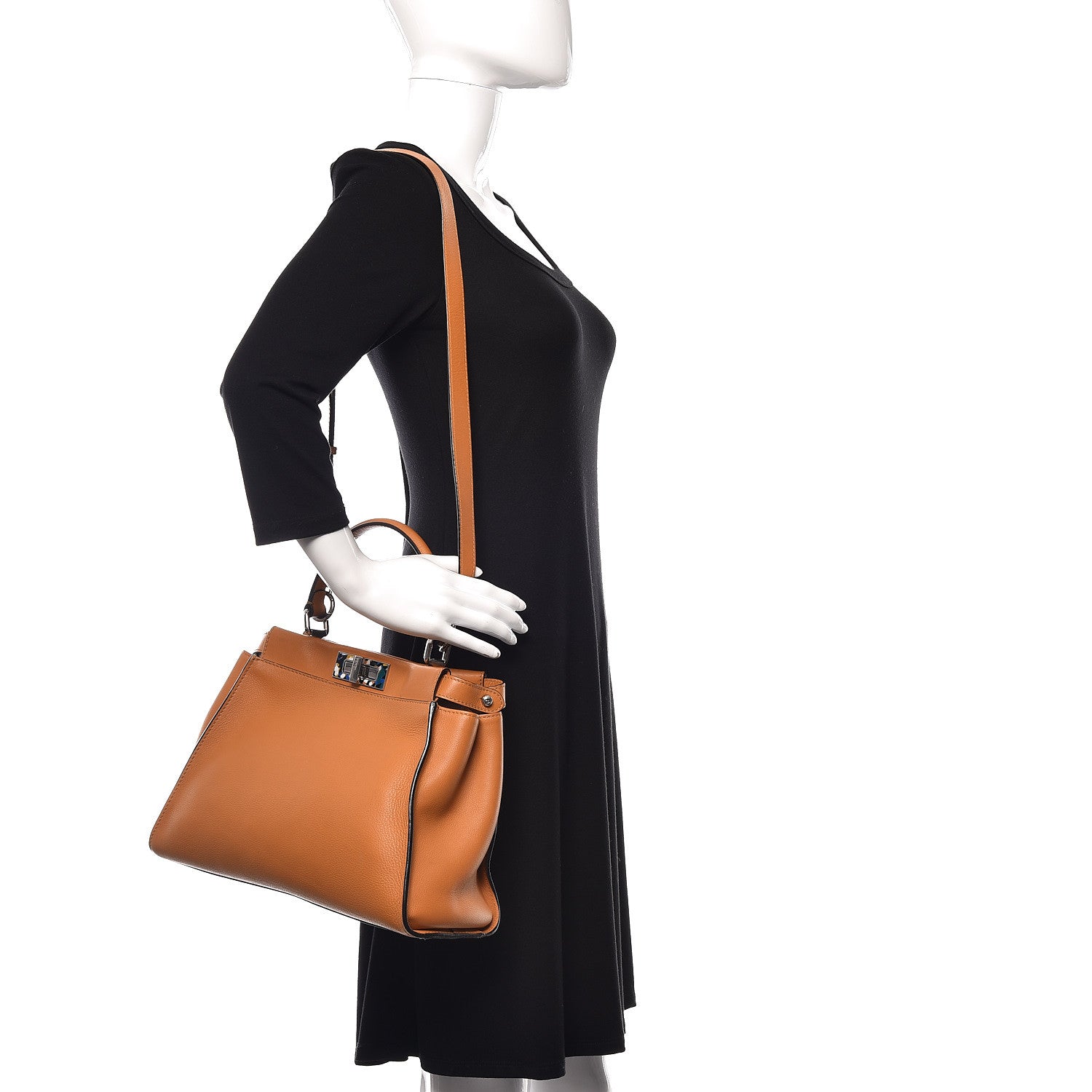Fendi Vitello Seta Shiny Nappa Plexiglass Granite Medium Peekaboo Iconic Satchel Ginger Latte 2 of 12