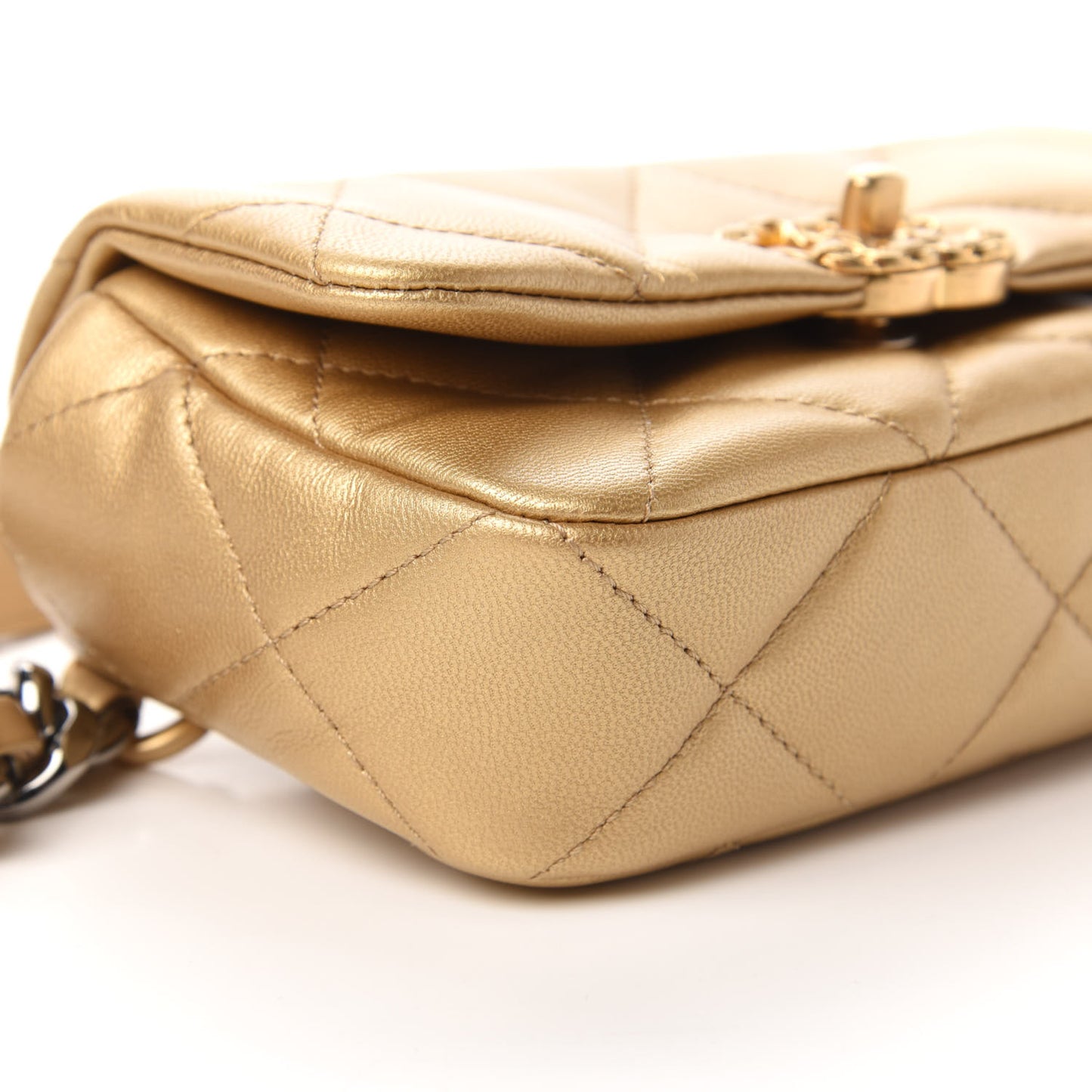 Metallic Goatskin Quilted Chanel 19 Waist Bag Gold