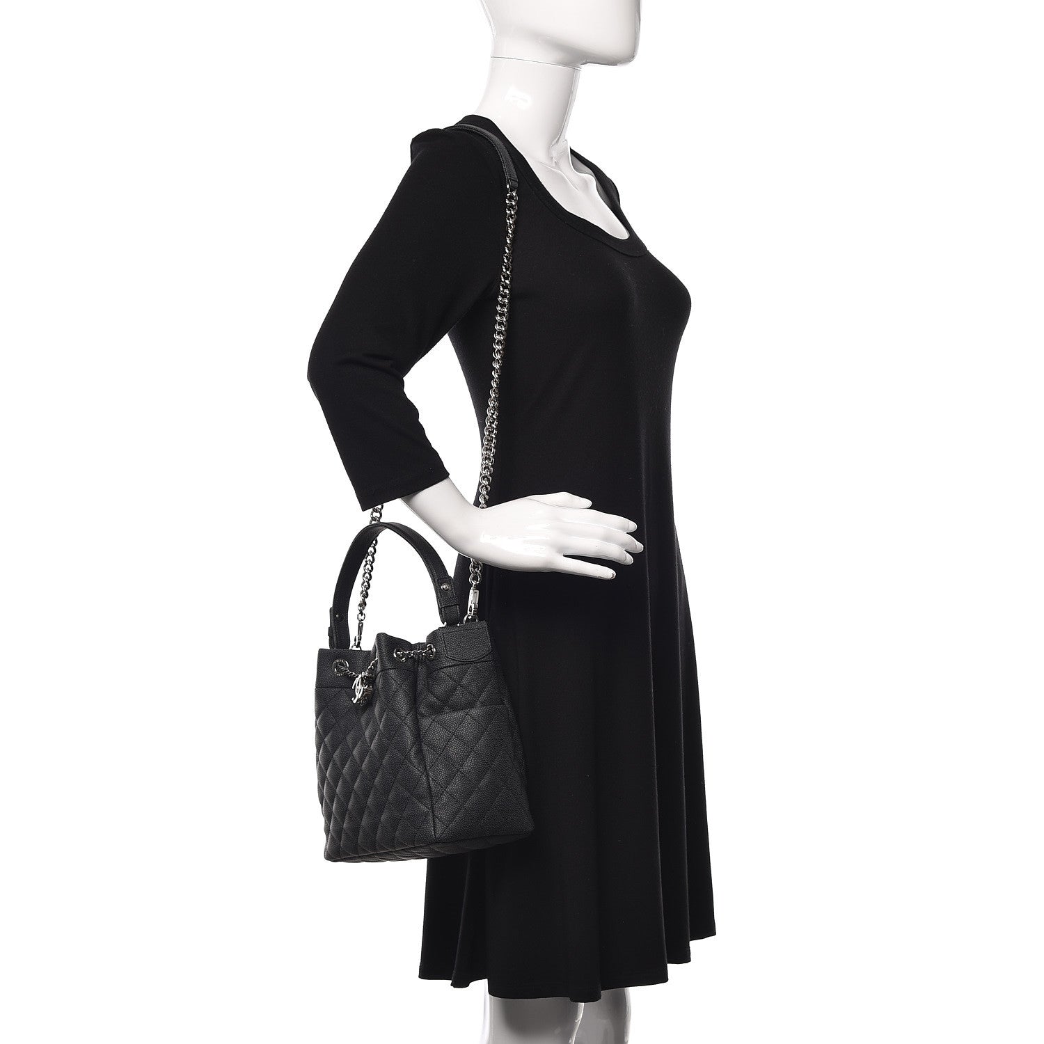 Chanel Caviar Flat Quilted CC Chain Bucket Drawstring Bag Black 2 of 9