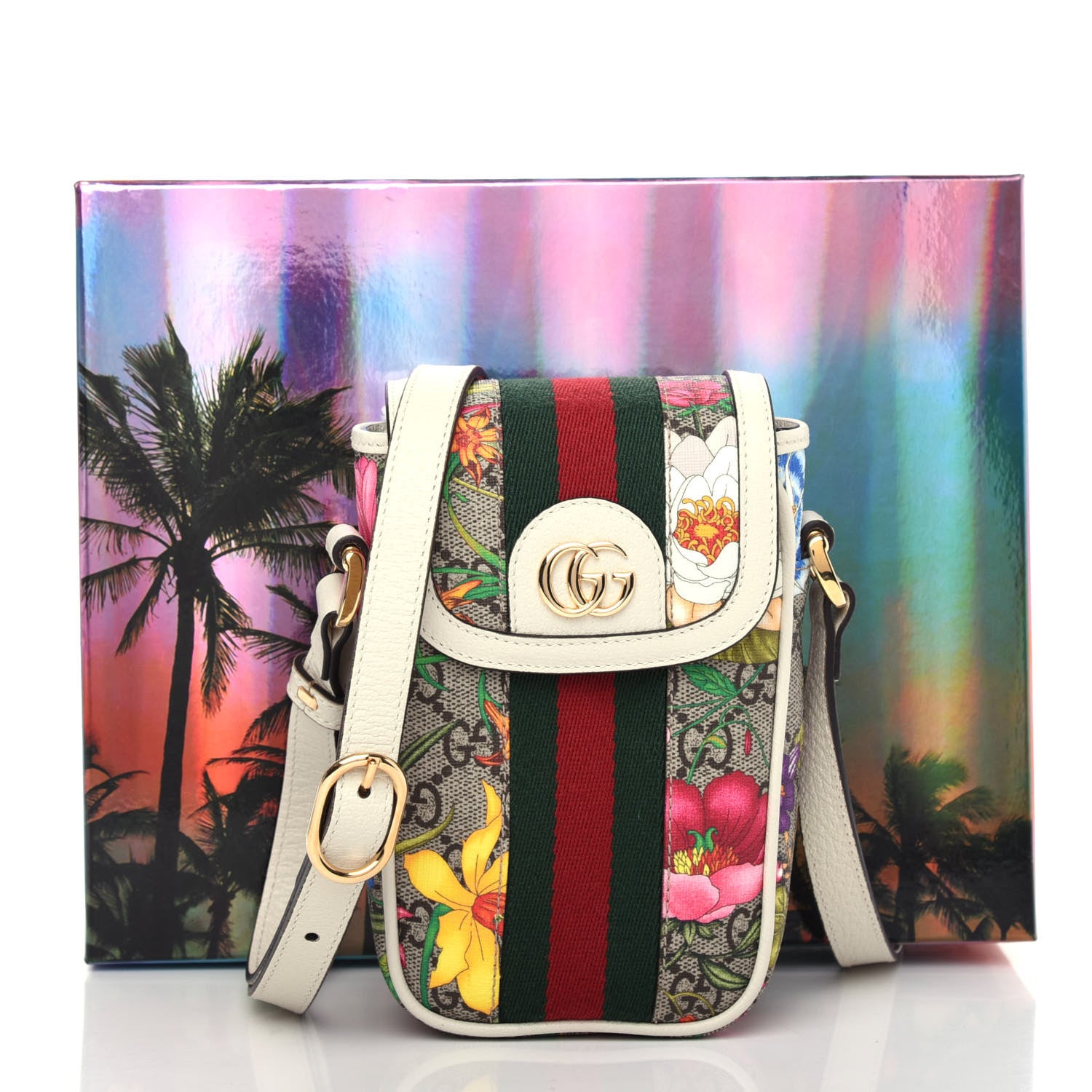 Gucci GG Supreme Monogram Flora Web Ophidia Phone Crossbody Bag White 9 of 9