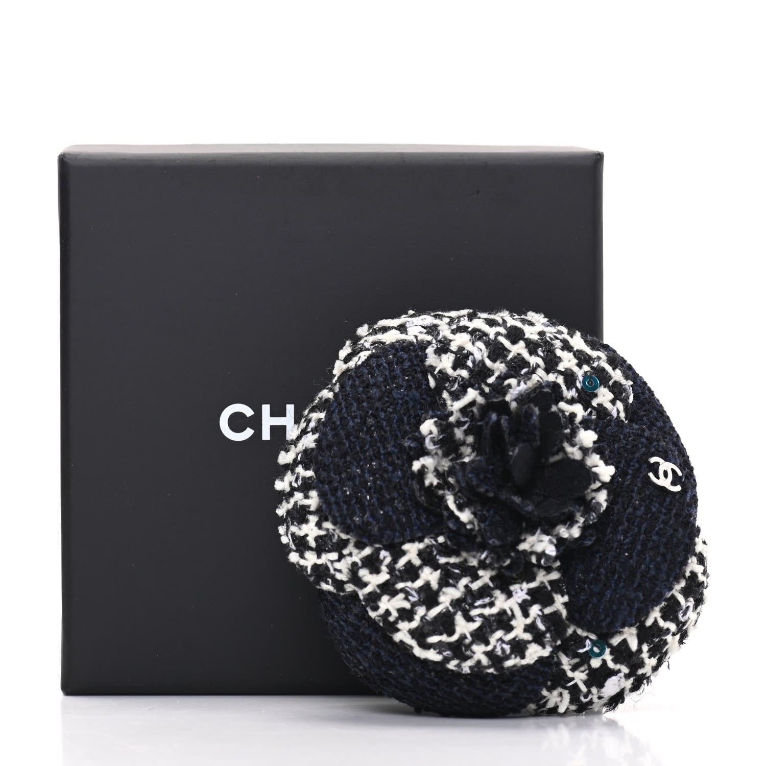 Chanel Tweed Camellia Brooch Navy Black White 4 of 4