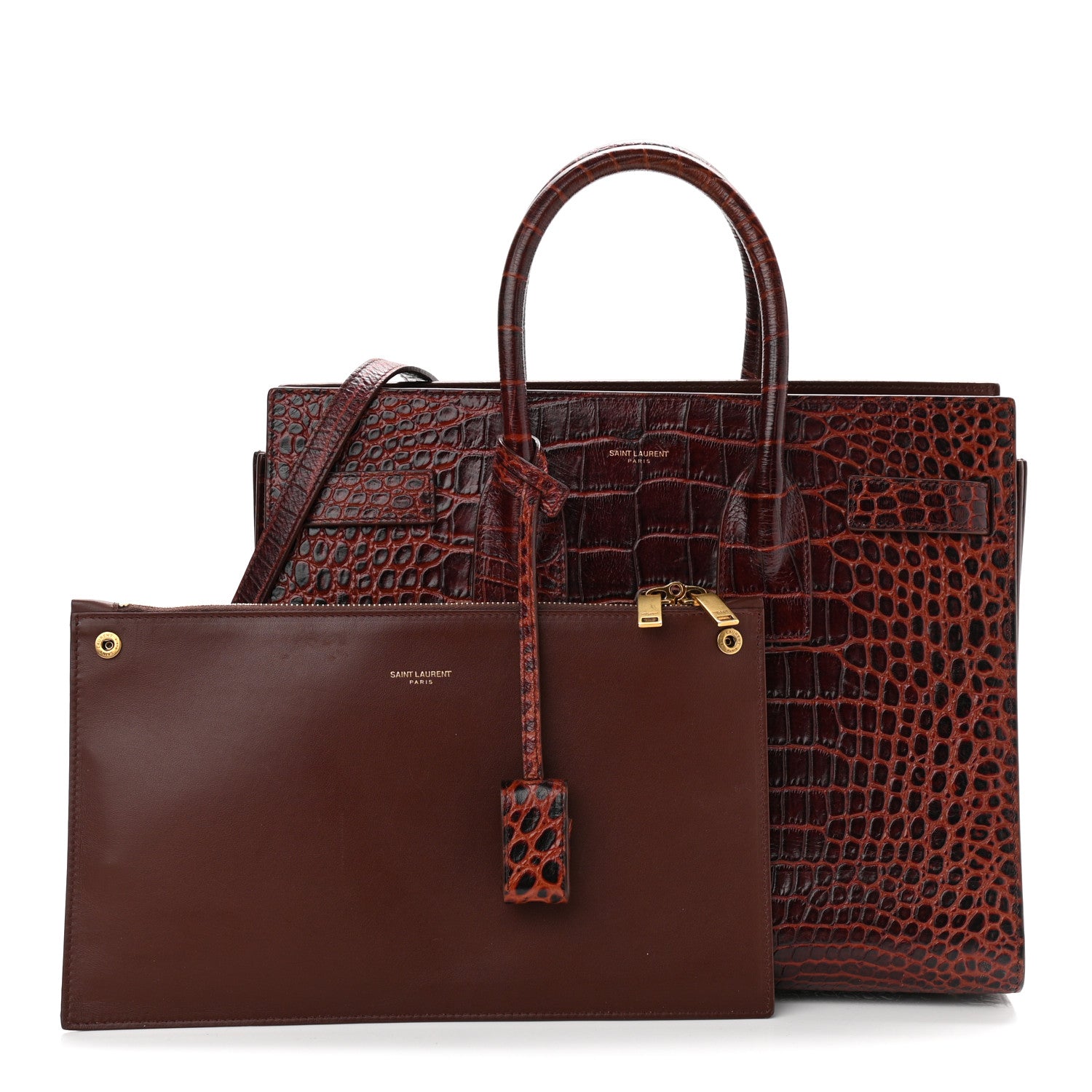 Saint Laurent Calfskin Crocodile Embossed Small Sac de Jour Dark Blood 13 of 13