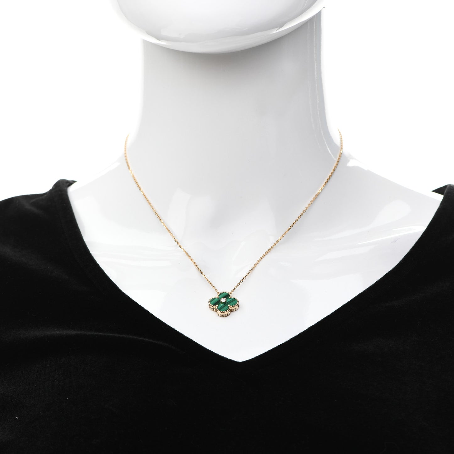 18K Yellow Gold Diamond Malachite Vintage Alhambra Pendant Necklace