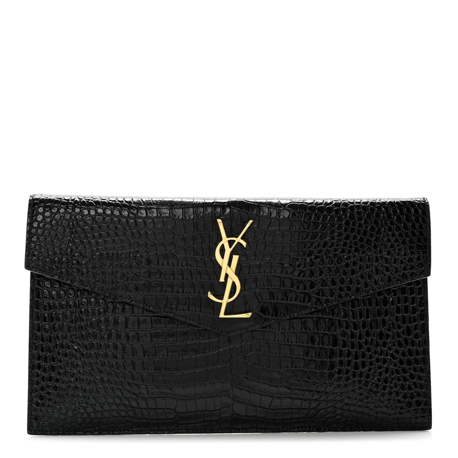 Saint Laurent Calfskin Crocodile Embossed Uptown Monogram Clutch Black 1 of 8