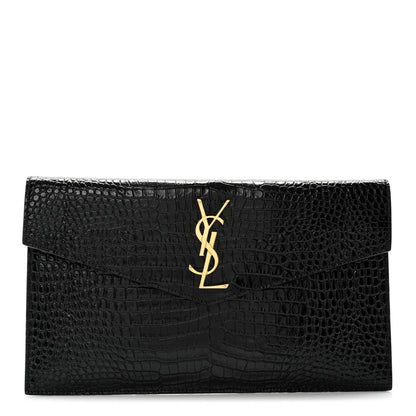 Saint Laurent Calfskin Crocodile Embossed Uptown Monogram Clutch Black 1 of 8
