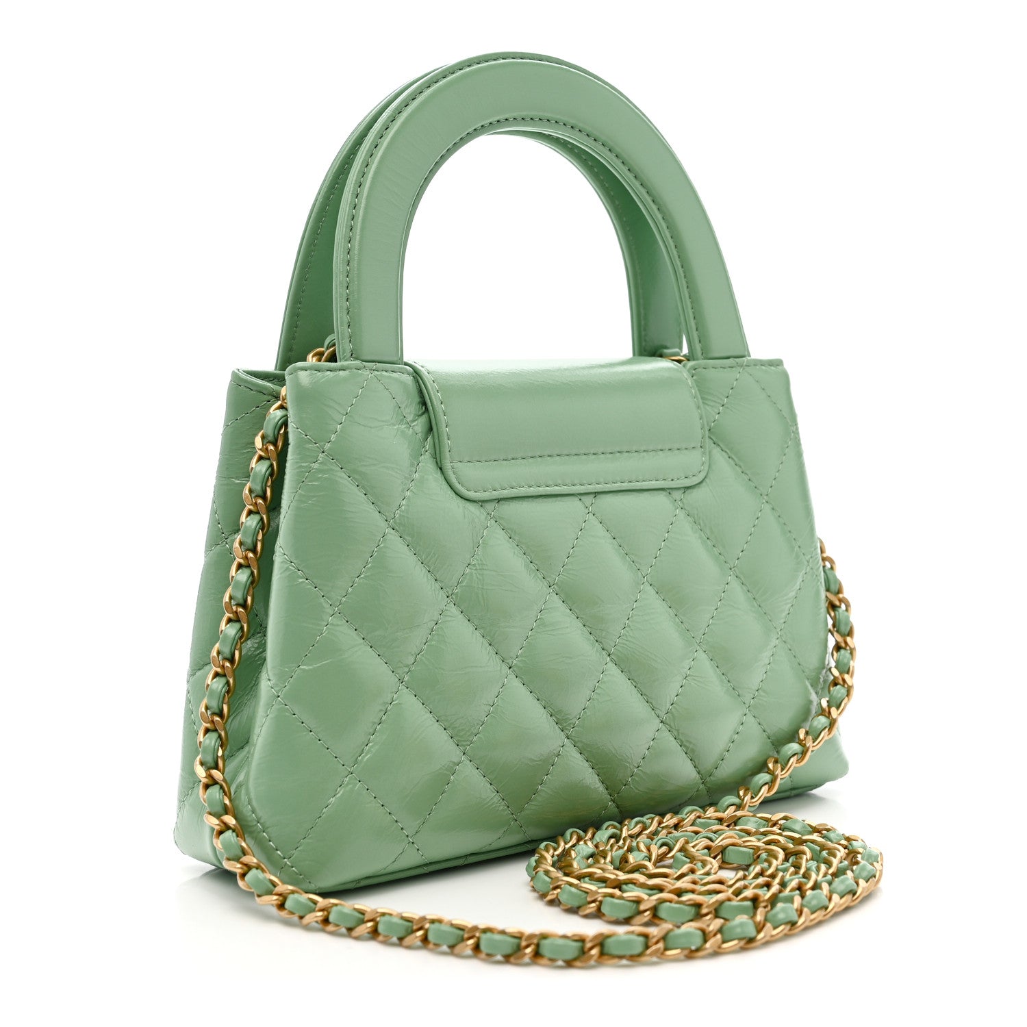 Chanel Shiny Aged Calfskin Quilted Nano Kelly Shopper Light Green 3 of 10
