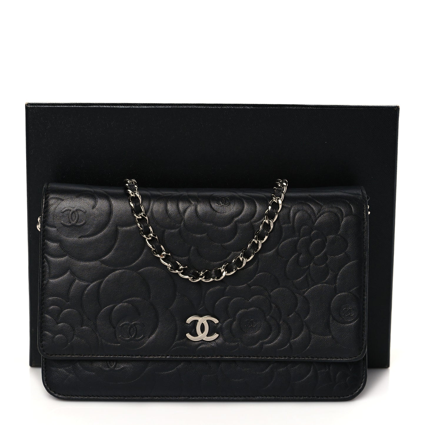Lambskin Camellia Embossed Wallet on Chain WOC Black